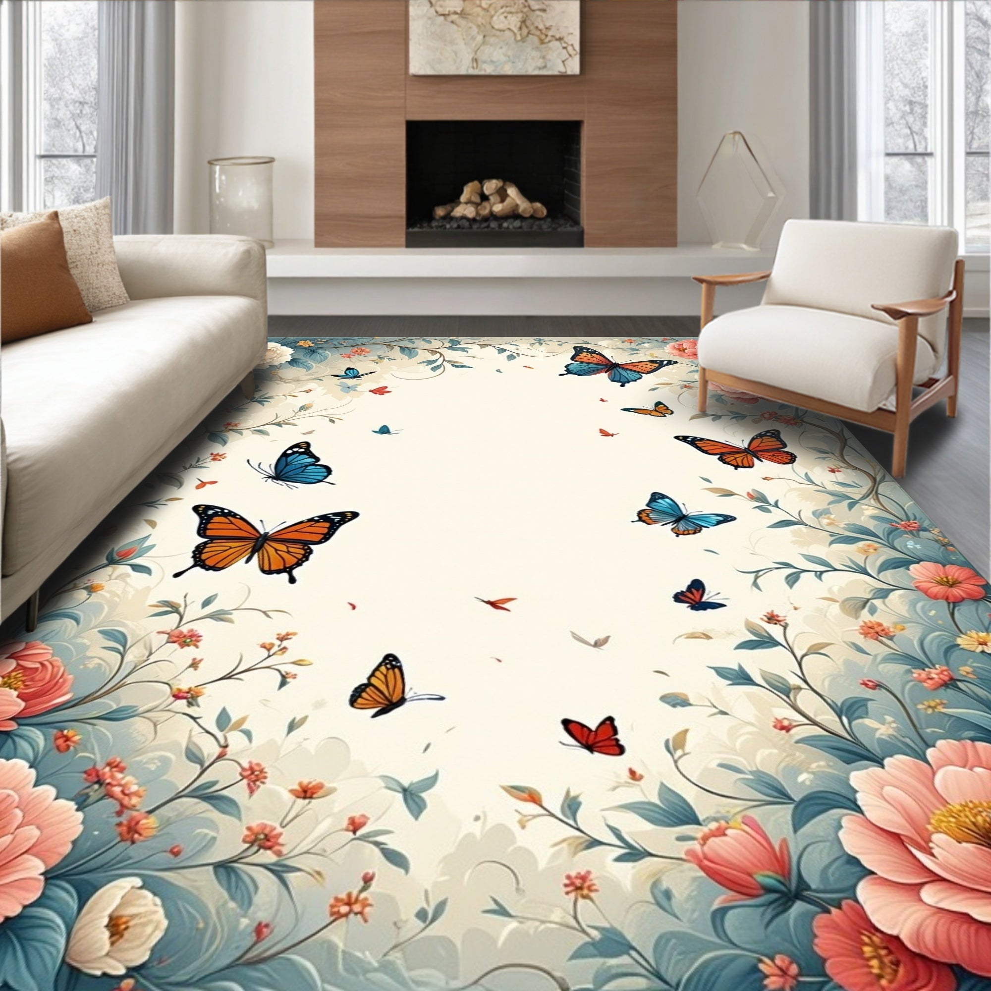 Whimsical Butterflies Floral Garden Rug