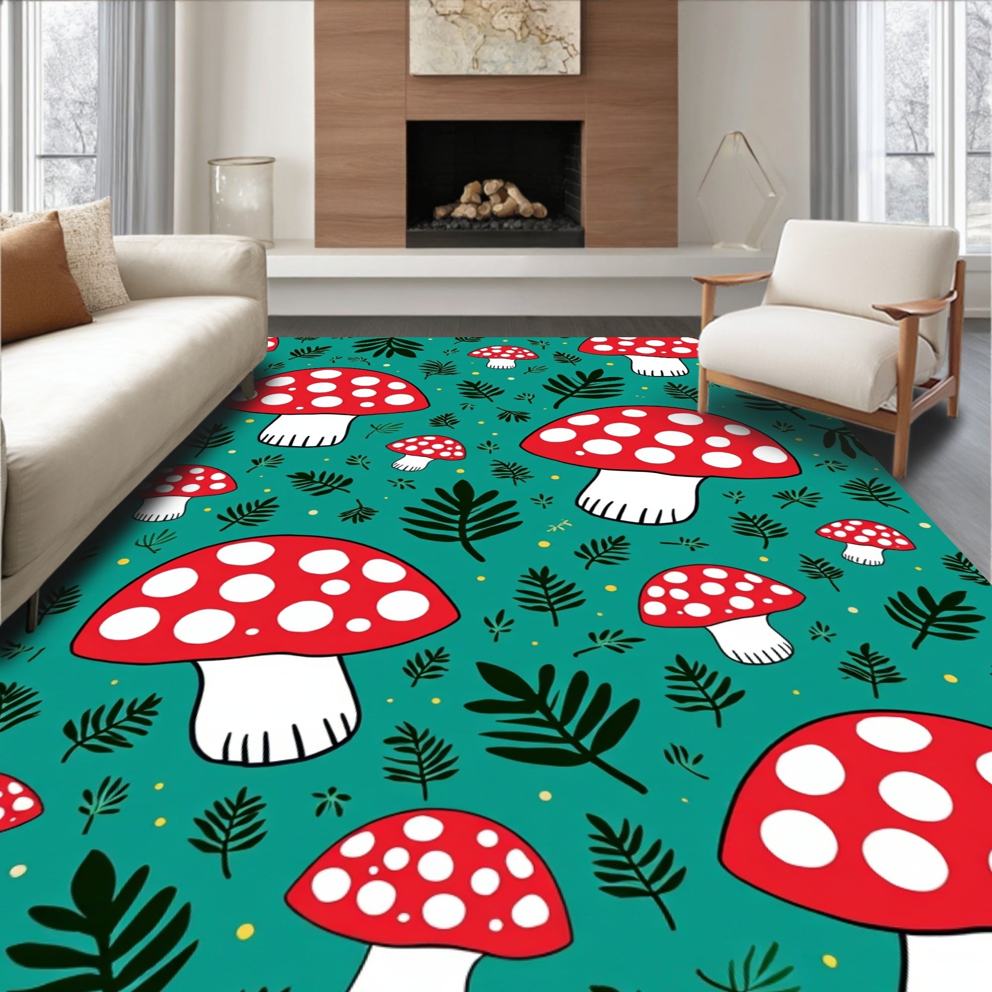 Whimsical Red White Mushroom Pattern Rug