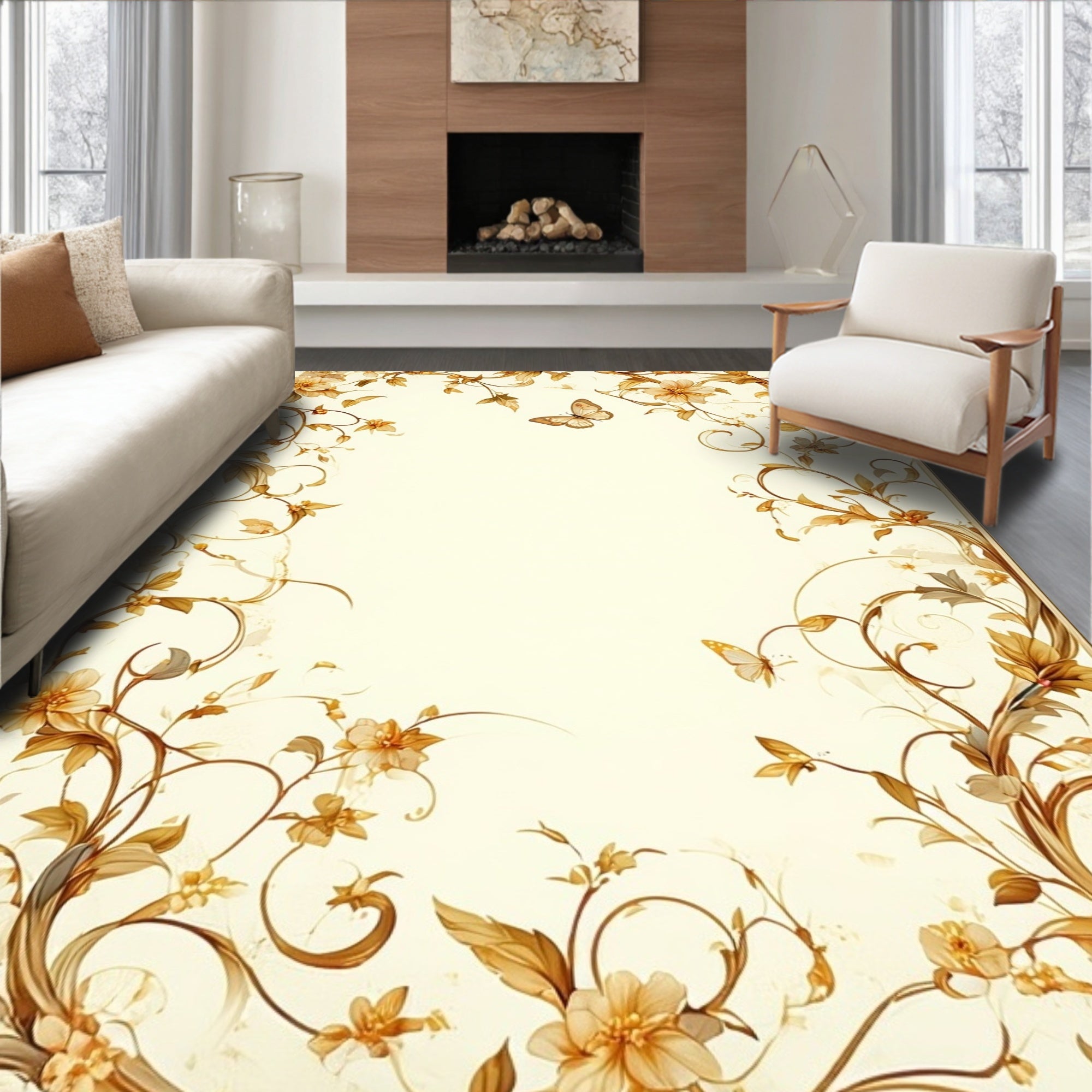 Ornate Floral Vine Butterfly Pattern Rug