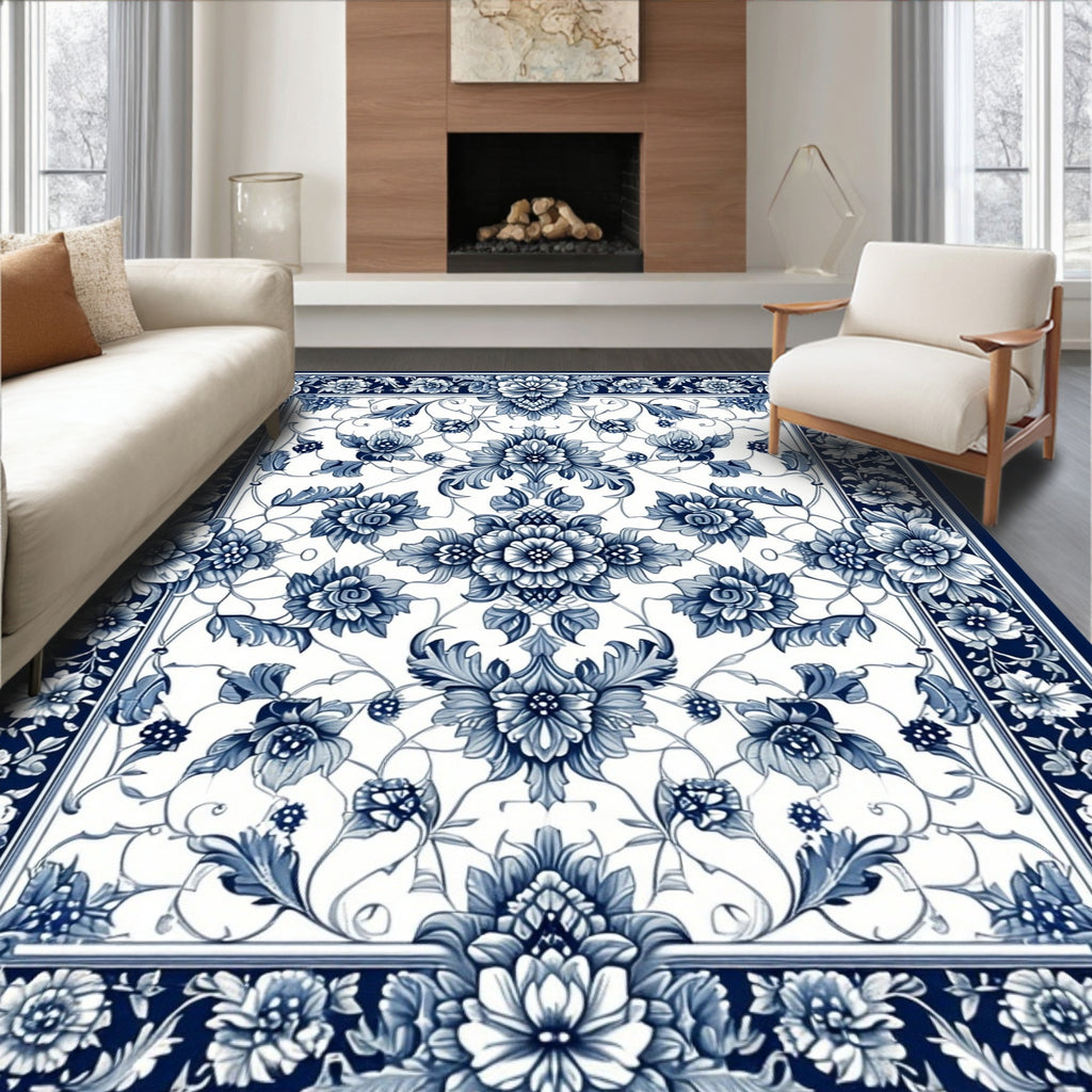 Blue Floral Detailed Traditional Rug