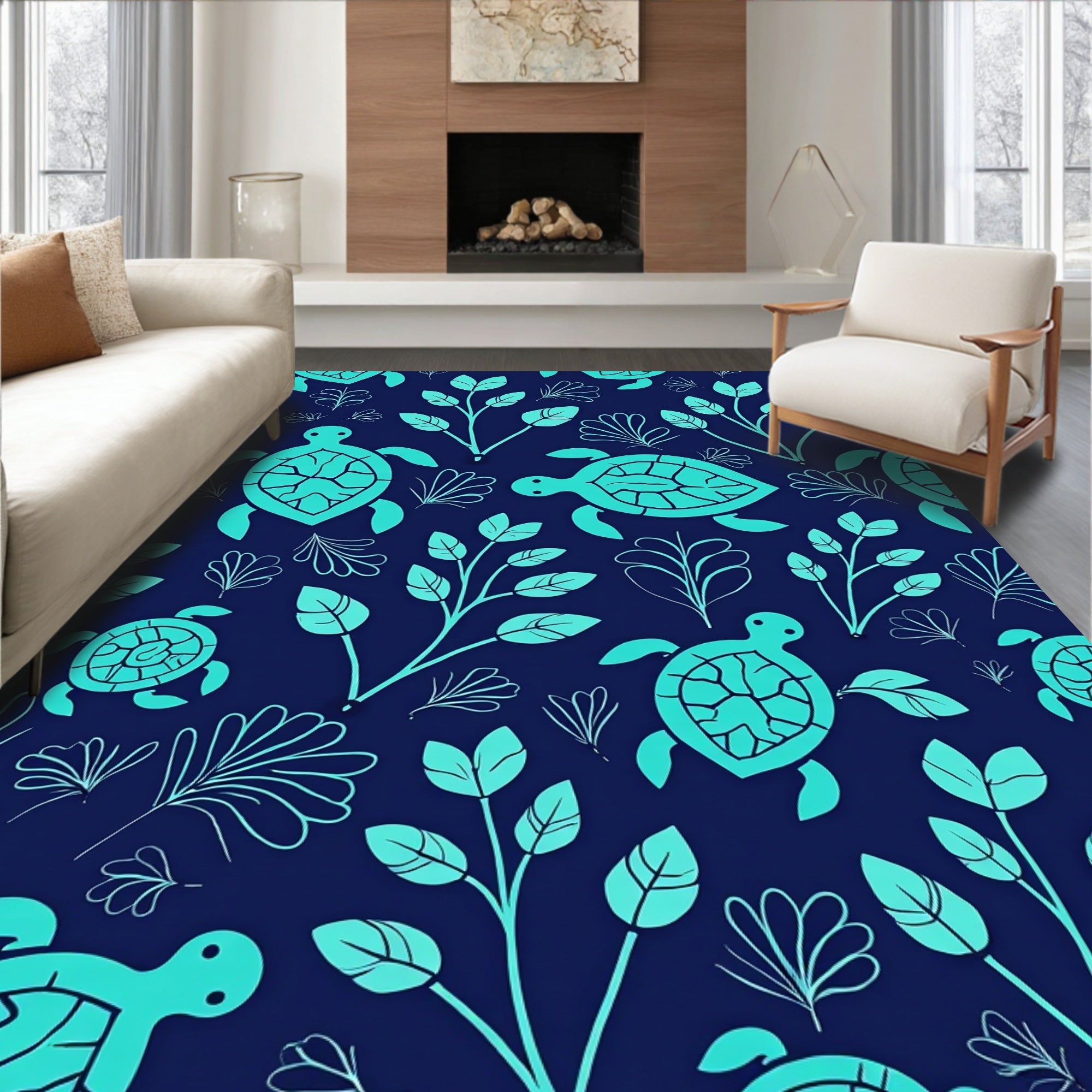 Ocean Turtle Botanical Pattern Rug