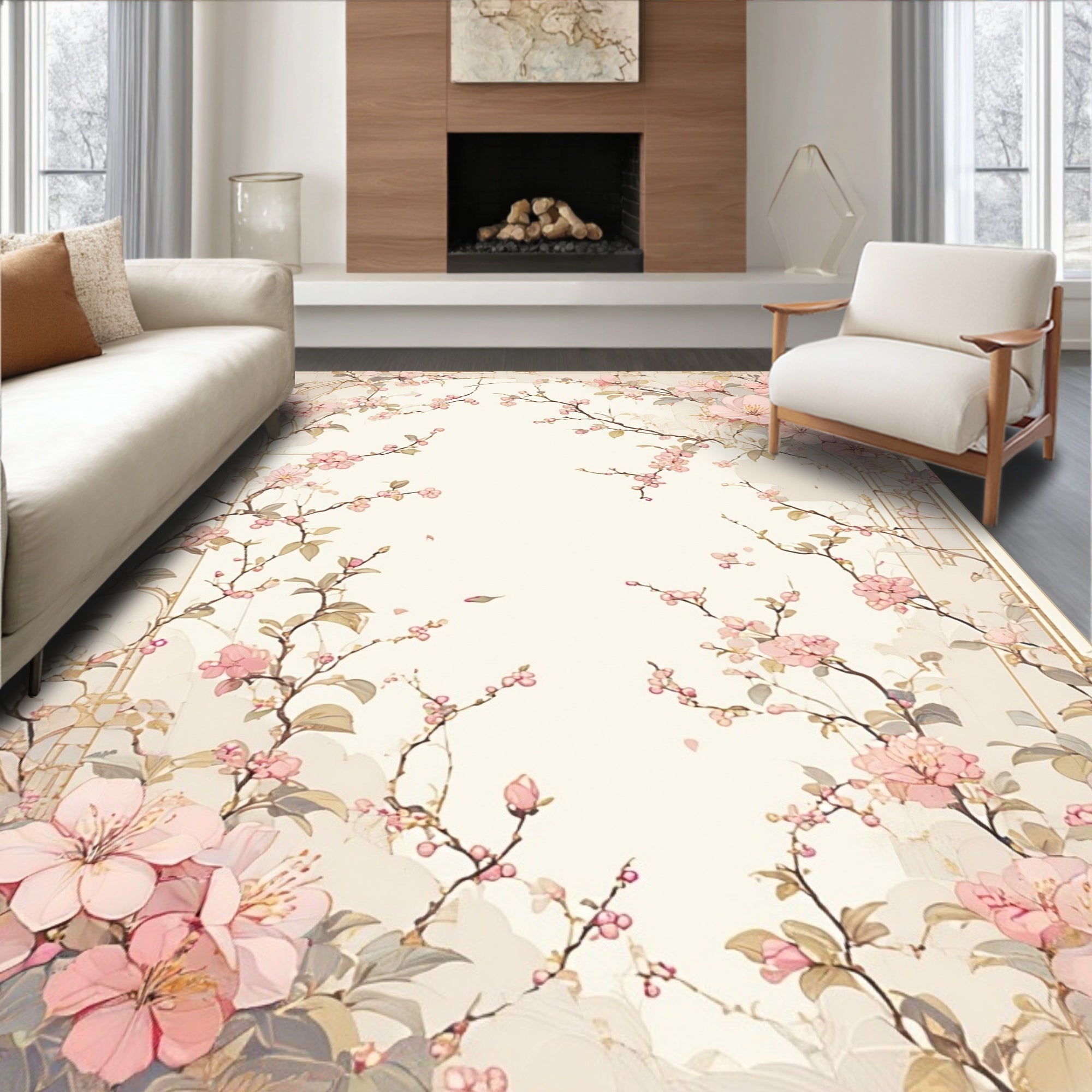 Pale Pink Cherry Blossom Floral Art Rug