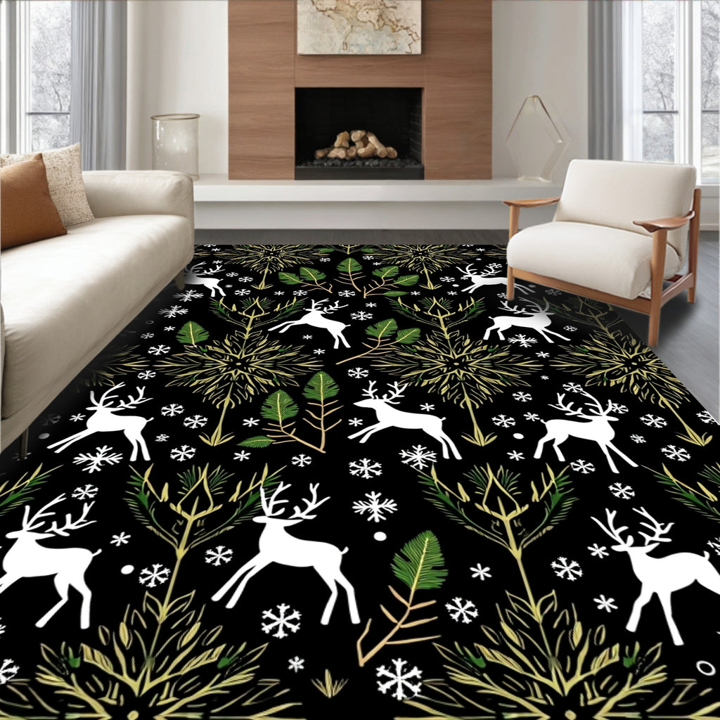 Winter Deer Meadow Snowflakes Rug