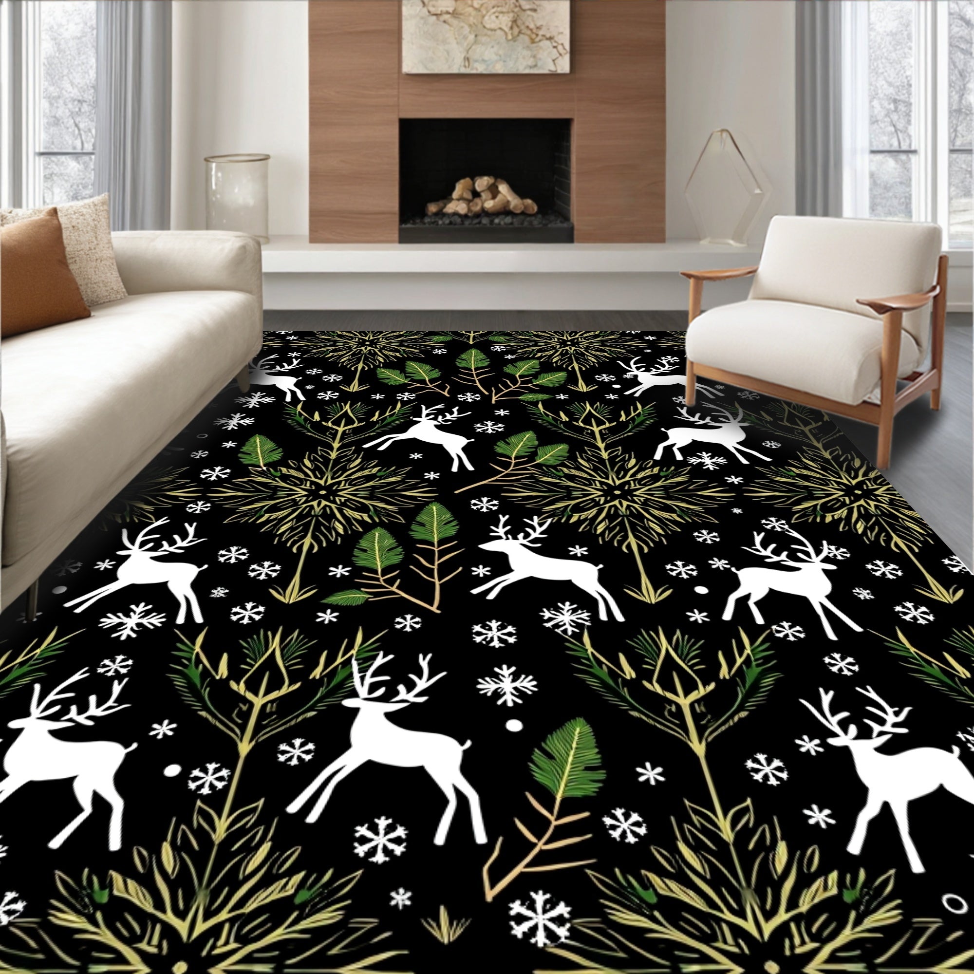 Winter Deer Meadow Snowflakes Rug