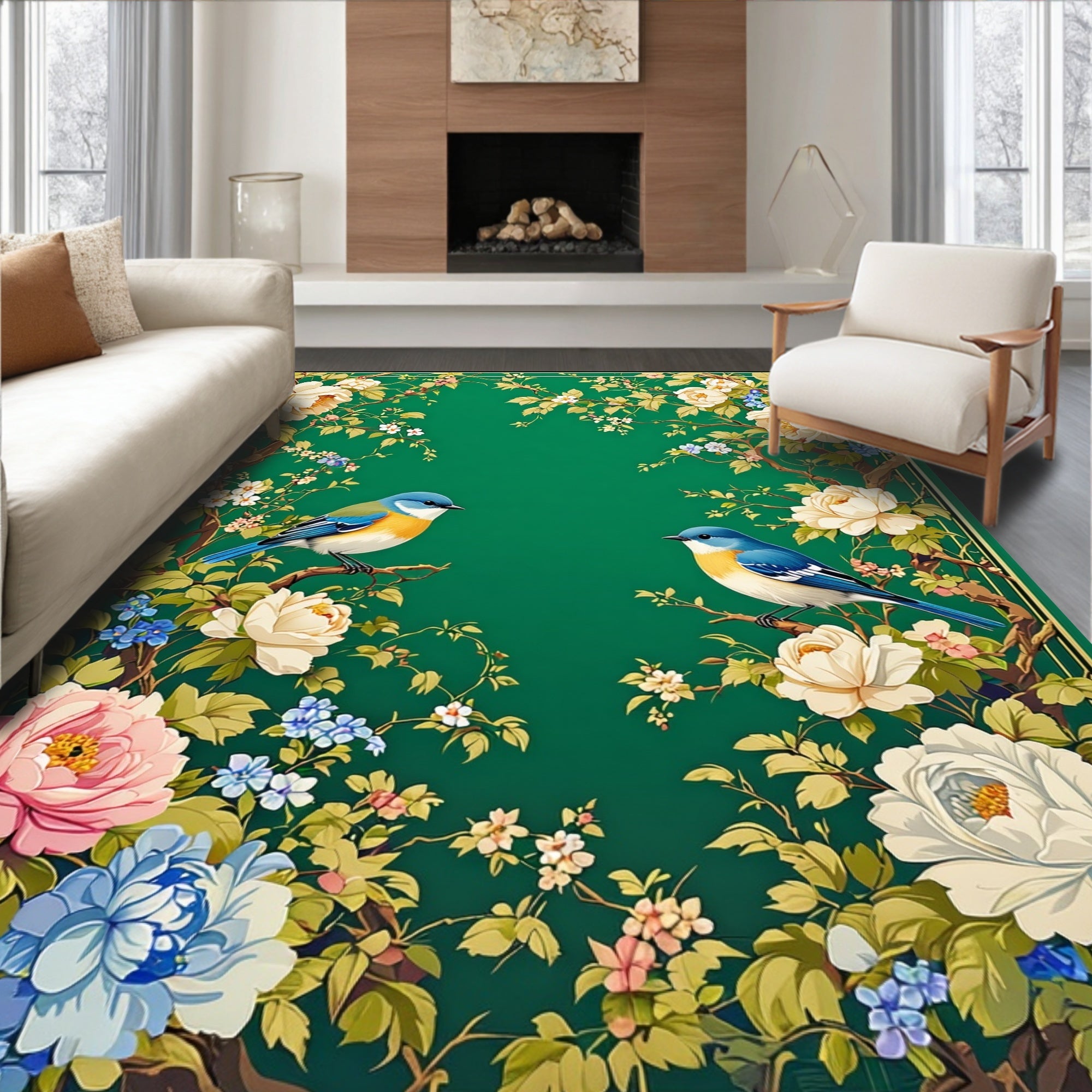 Floral Birds On Green Background Rug Design Rug