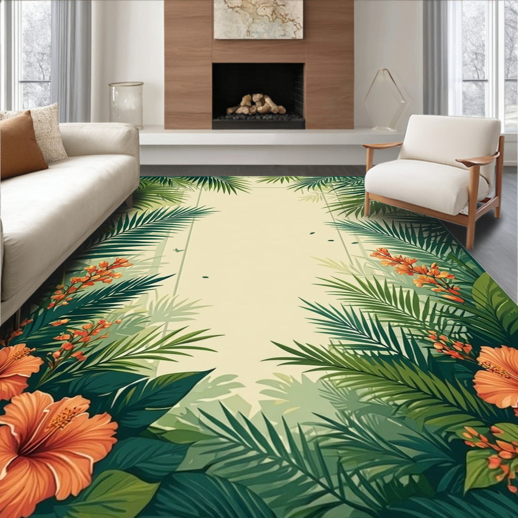 Tropical Jungle Palm Hibiscus Pattern Rug