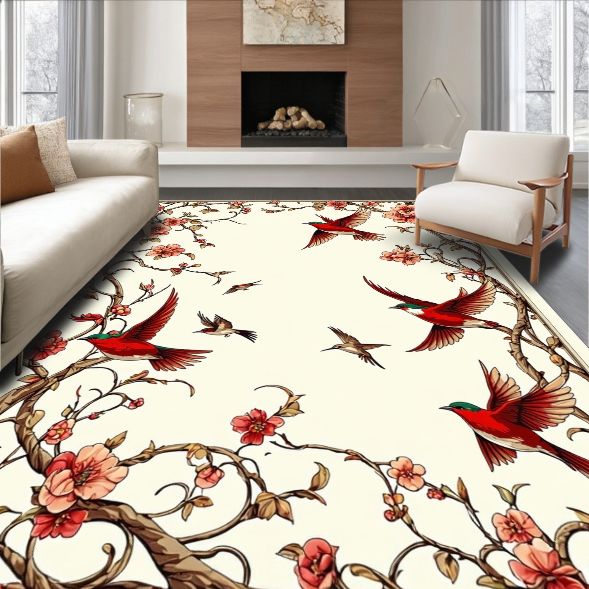 Floral Birds Nature Inspired Pattern Rug