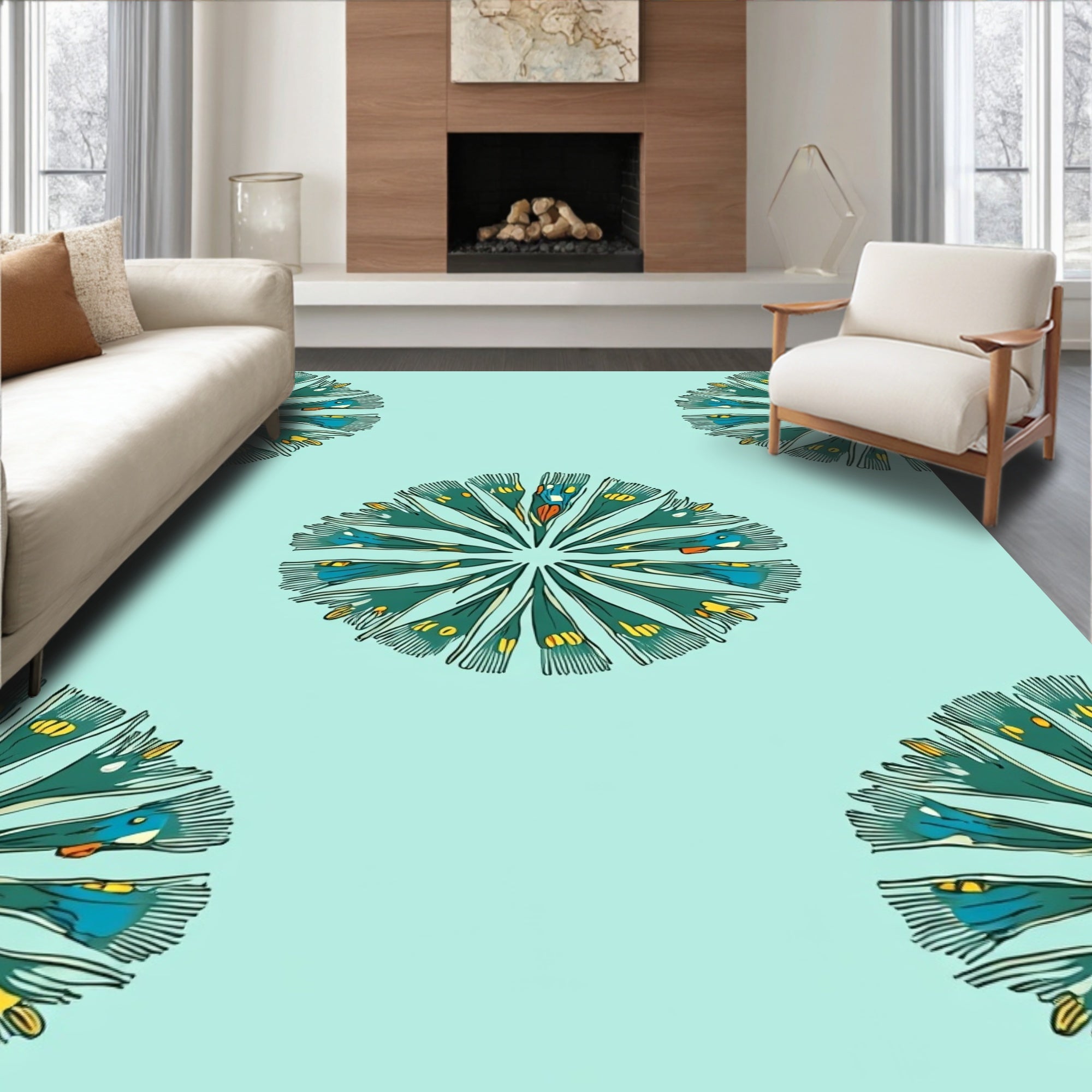 Fan Motif Emerald Green Pattern Rug