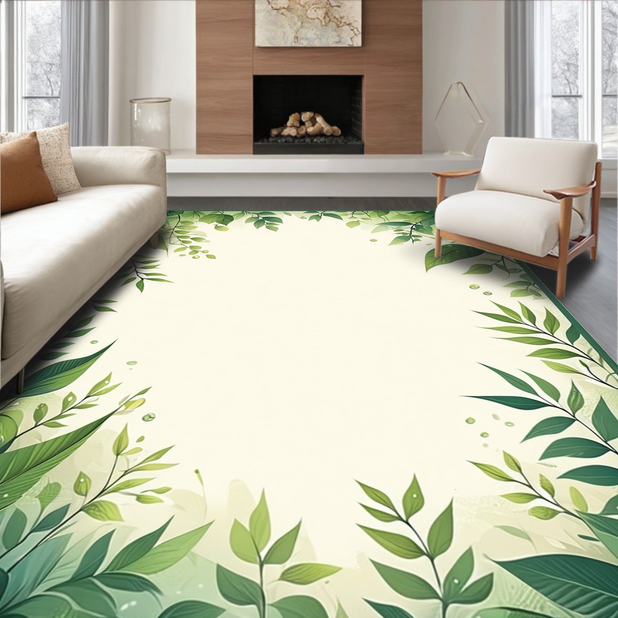 Lush Greenery Watercolor Leaf Pattern Rug