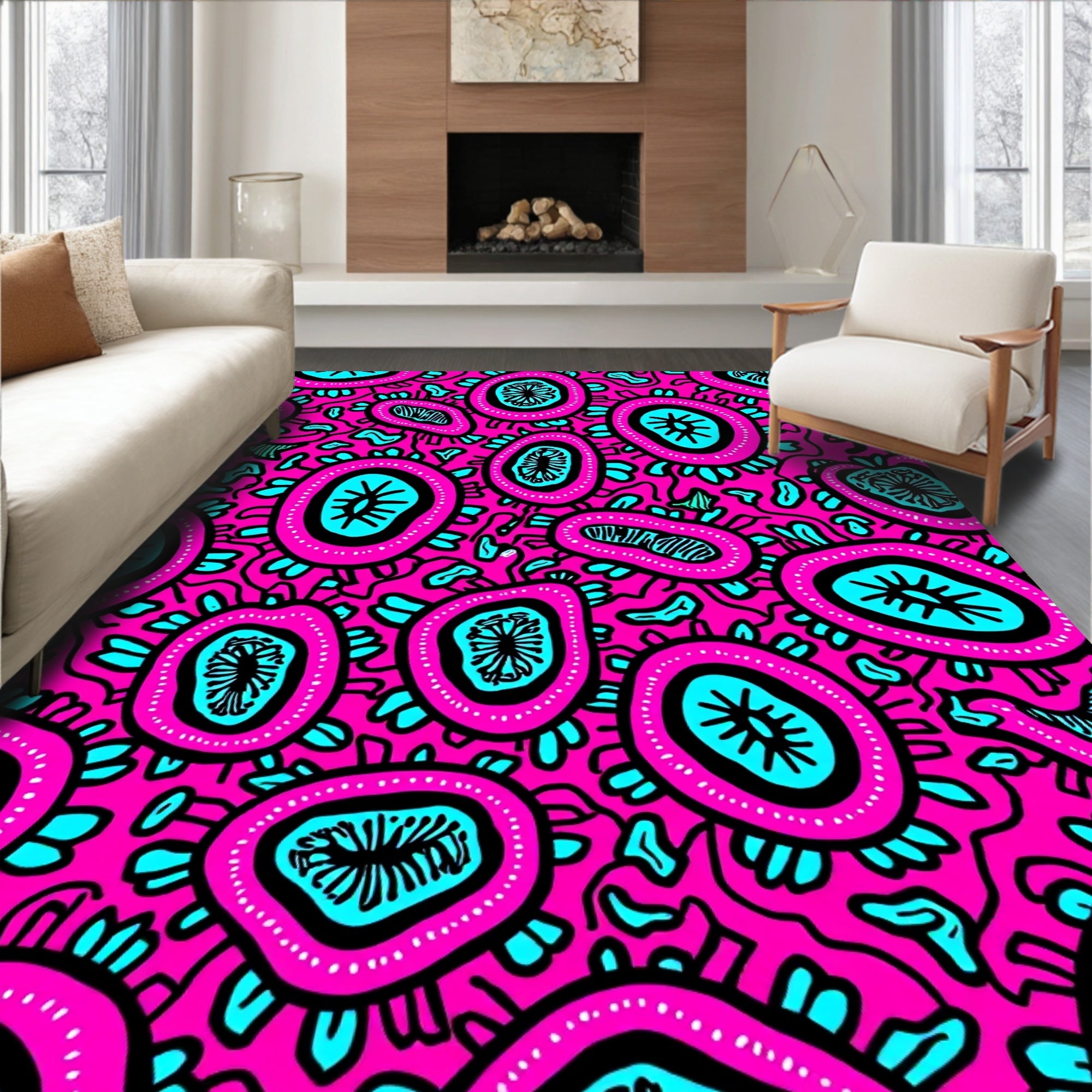 Vibrant Pink Teal Organic Forms Rug