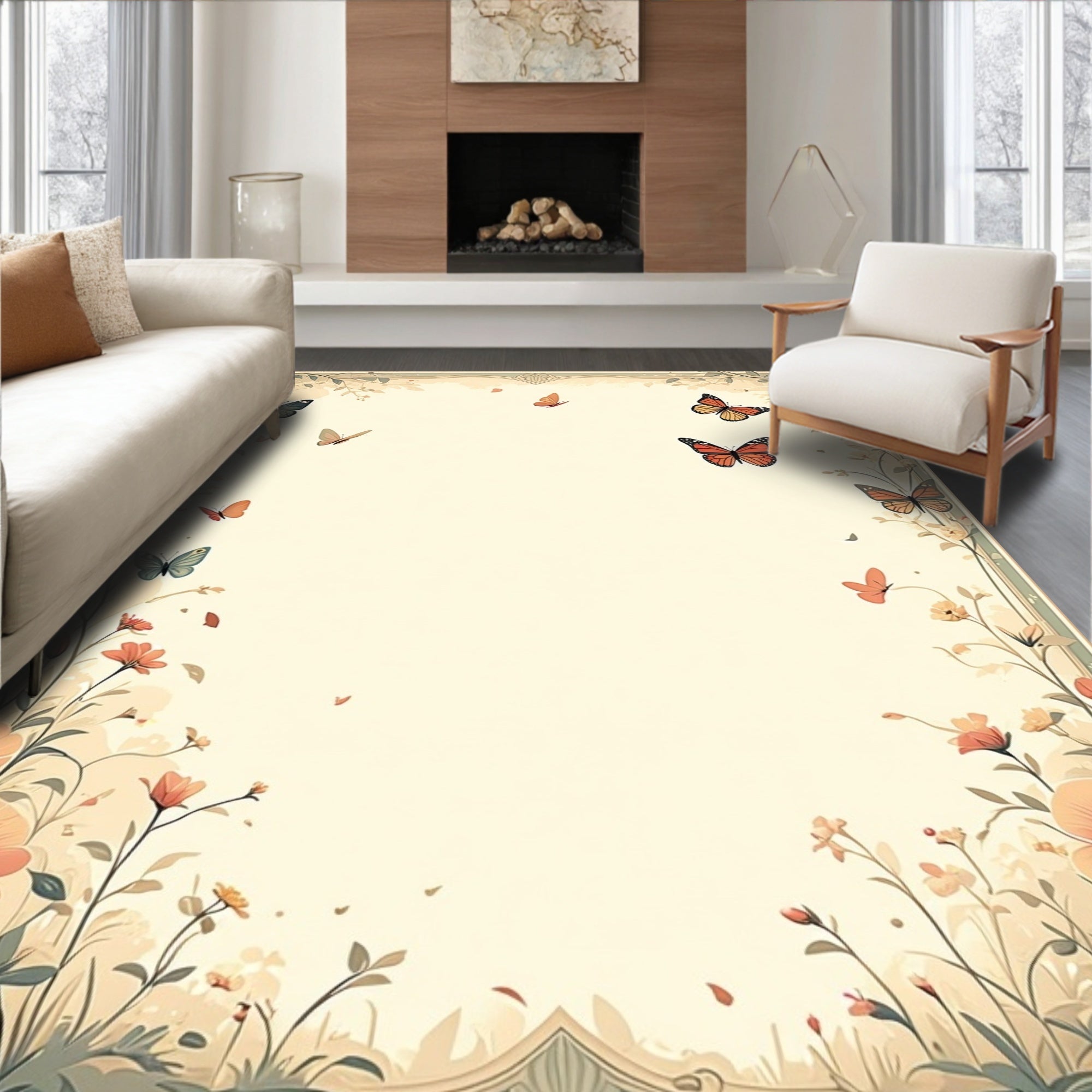 Vintage Floral Butterfly Garden Rug
