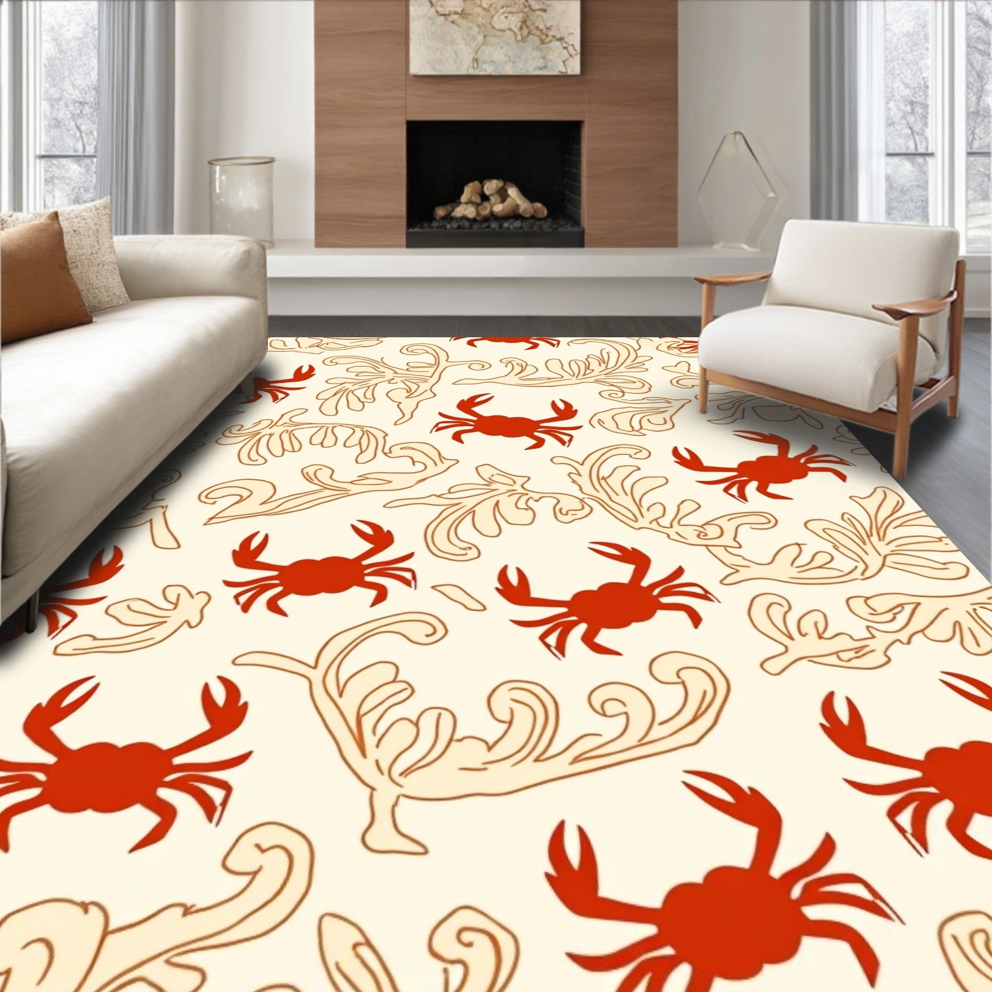 Red Crab Floral Scroll Pattern Rug