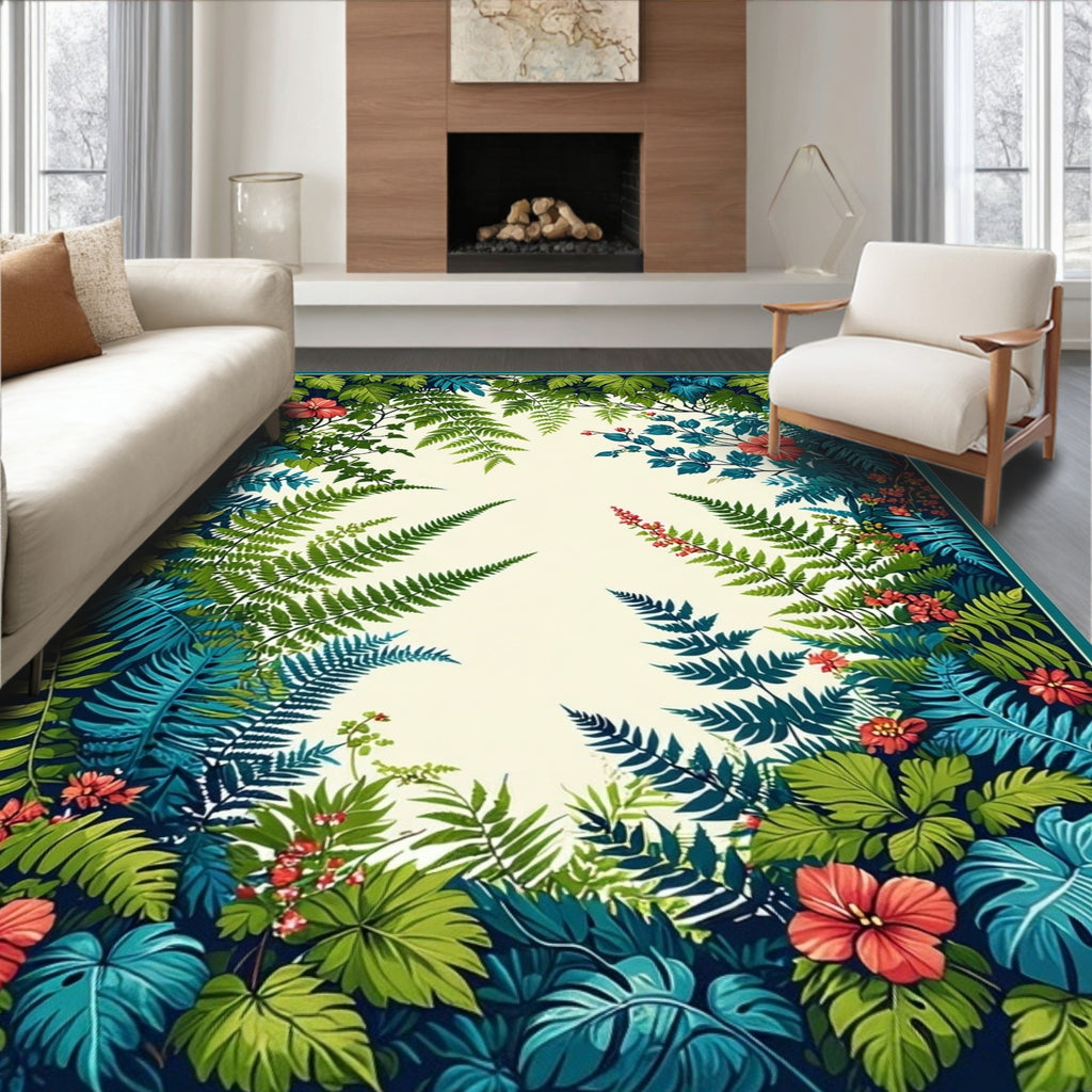 Vibrant Tropical Foliage and Floral Pattern Rug