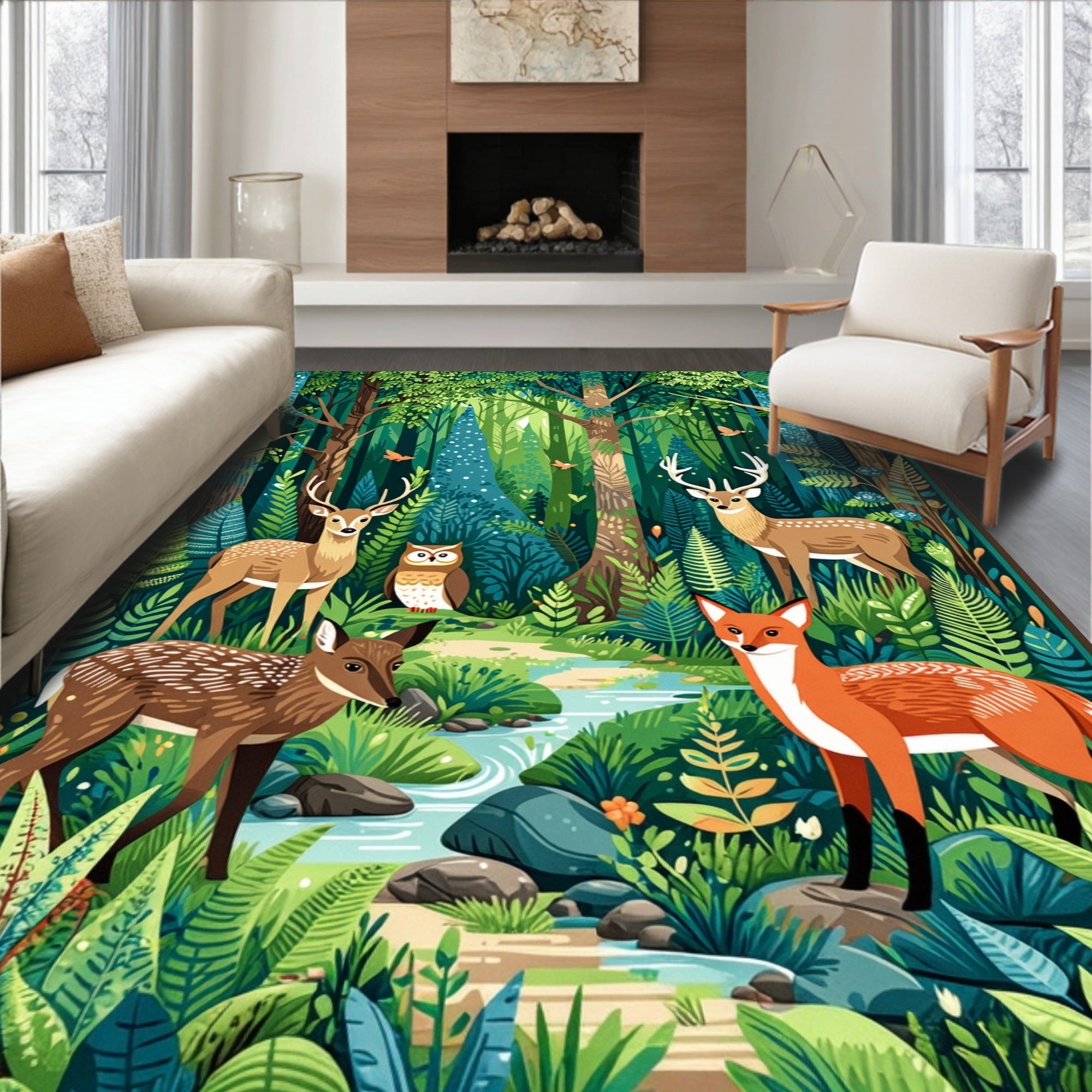 Woodland Creatures Lush Forest Design Rug