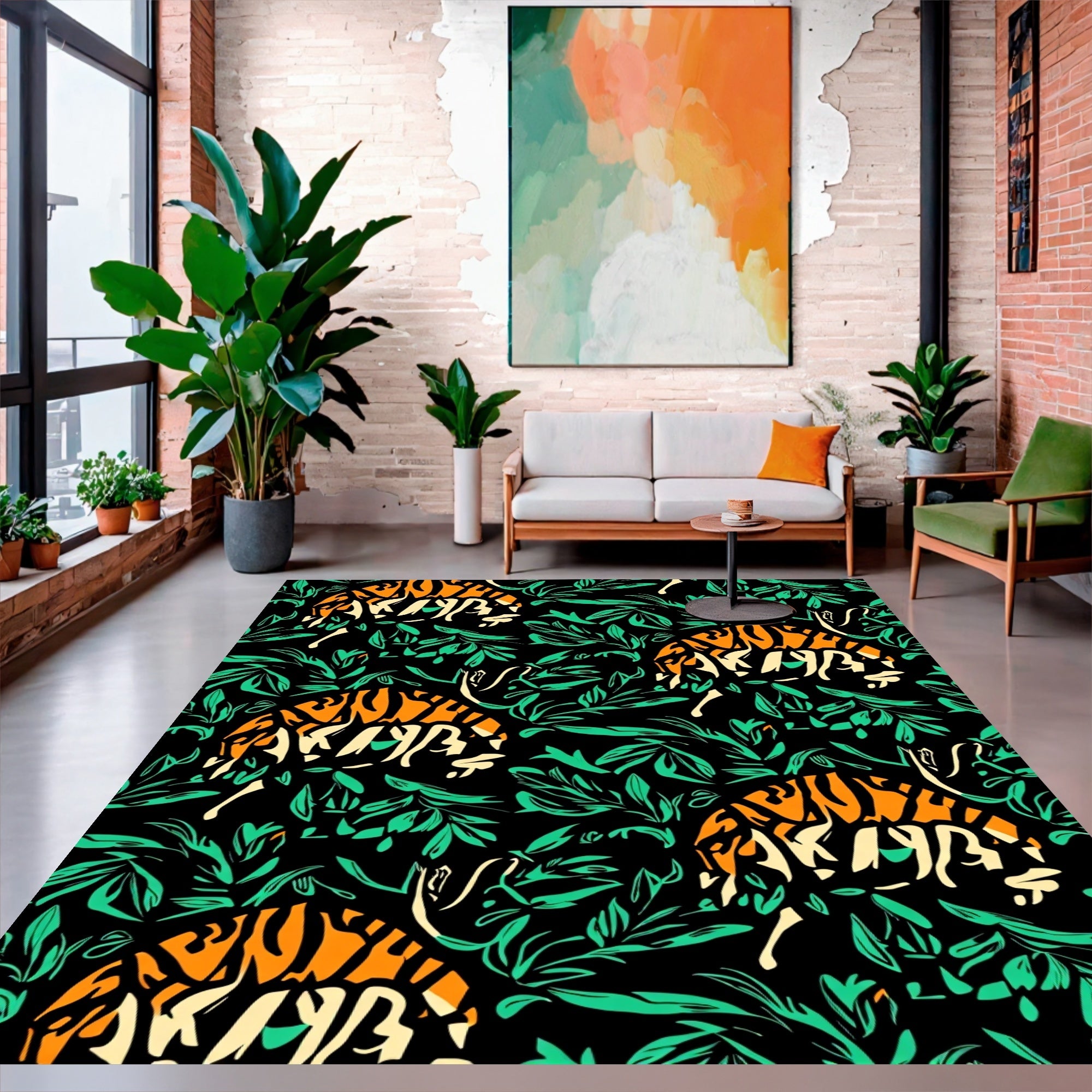 Bold Tiger And Leaf Pattern Rug