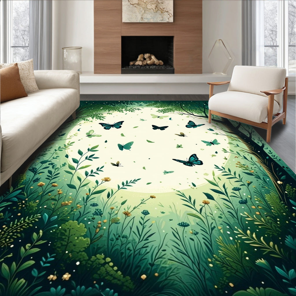 Vibrant Forest Butterfly Scene Rug