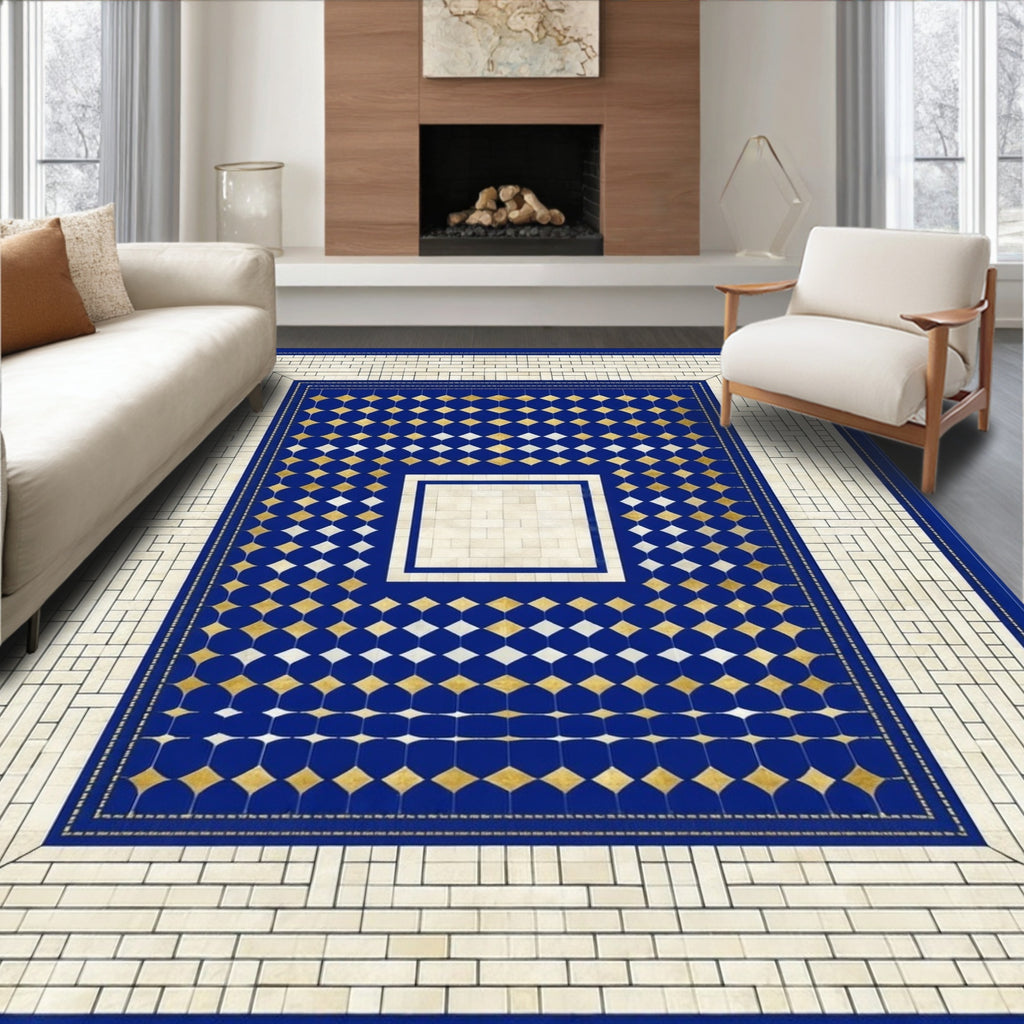 Classic Blue Gold Geometric Tile Rug