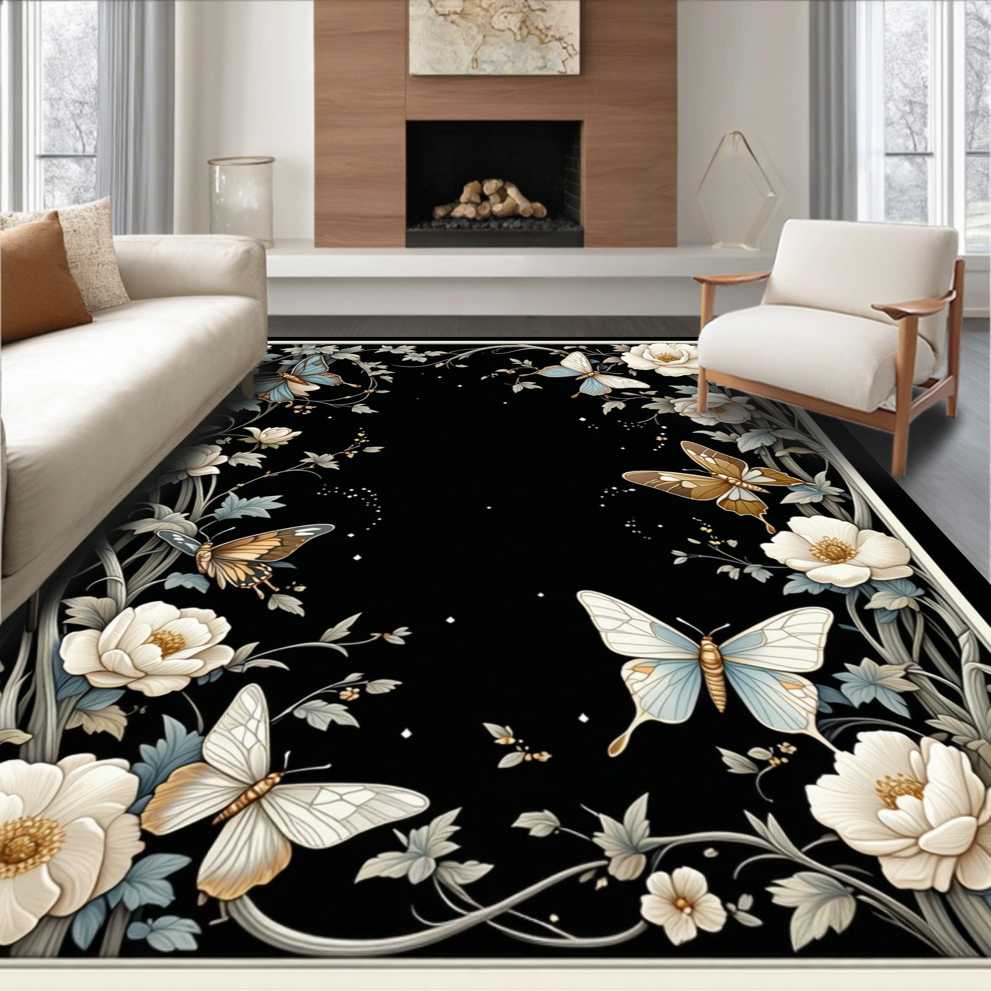 Whimsical Butterfly Floral Garden Rug