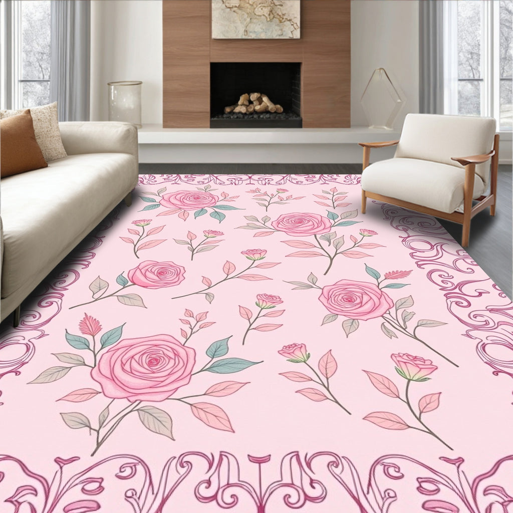 Pastel Pink Rose Floral Border Rug