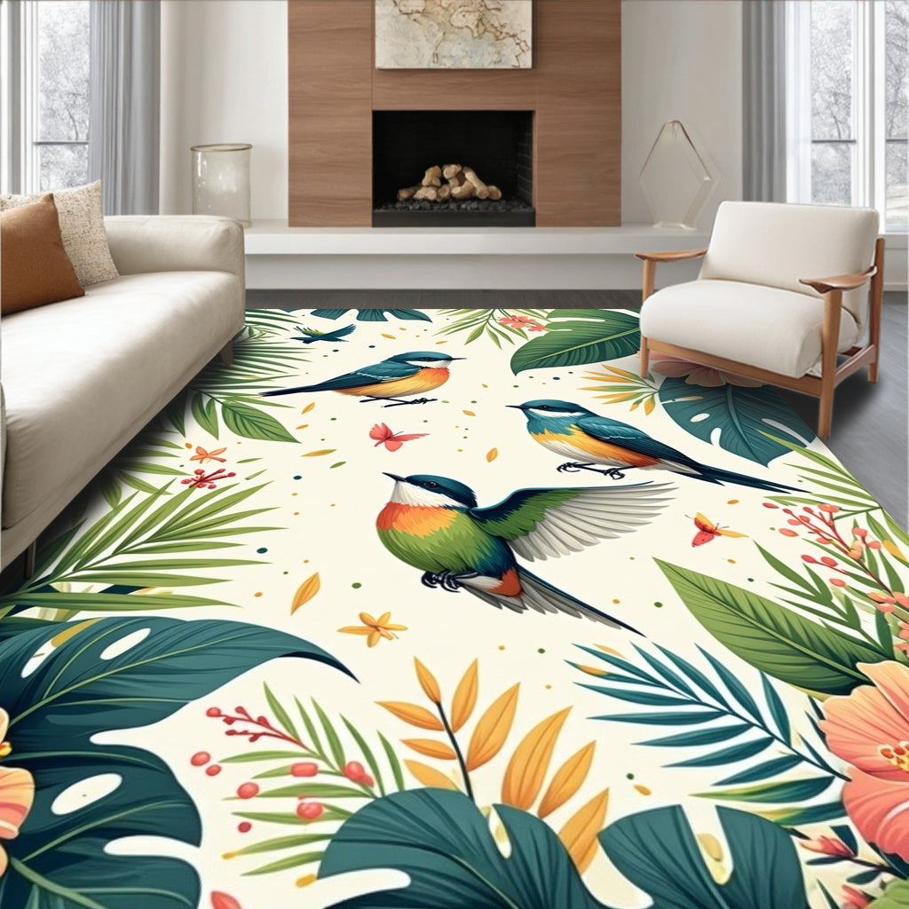 Tropical Birds Hibiscus Floral Pattern Rug
