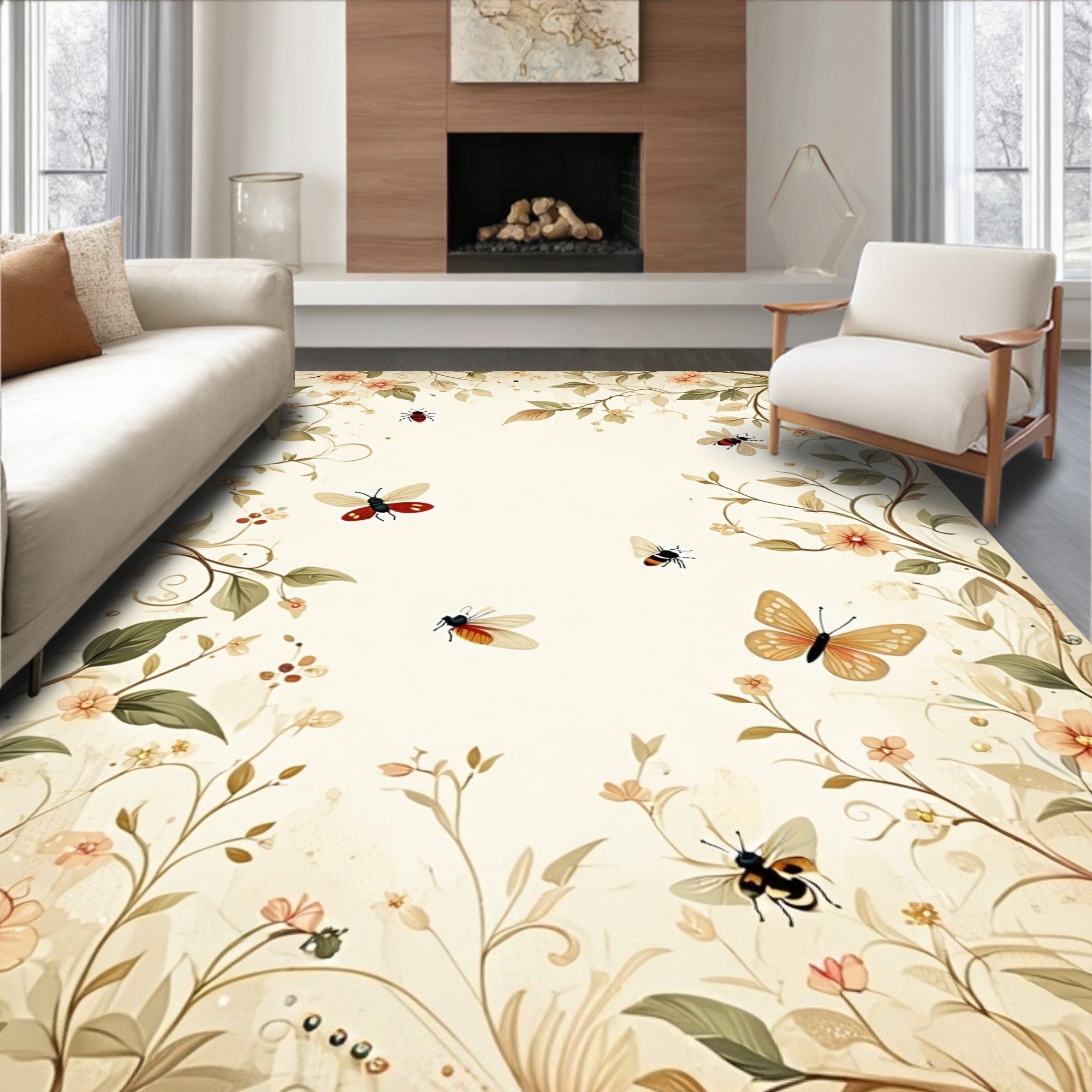 Floral Botanical Insect Garden Design Rug