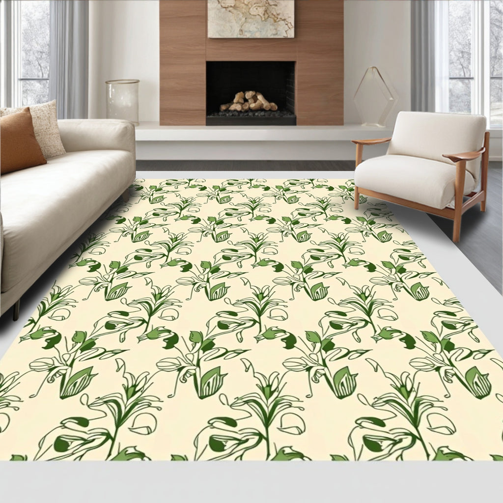 Cream Green Stylized Floral Arrangement Rug