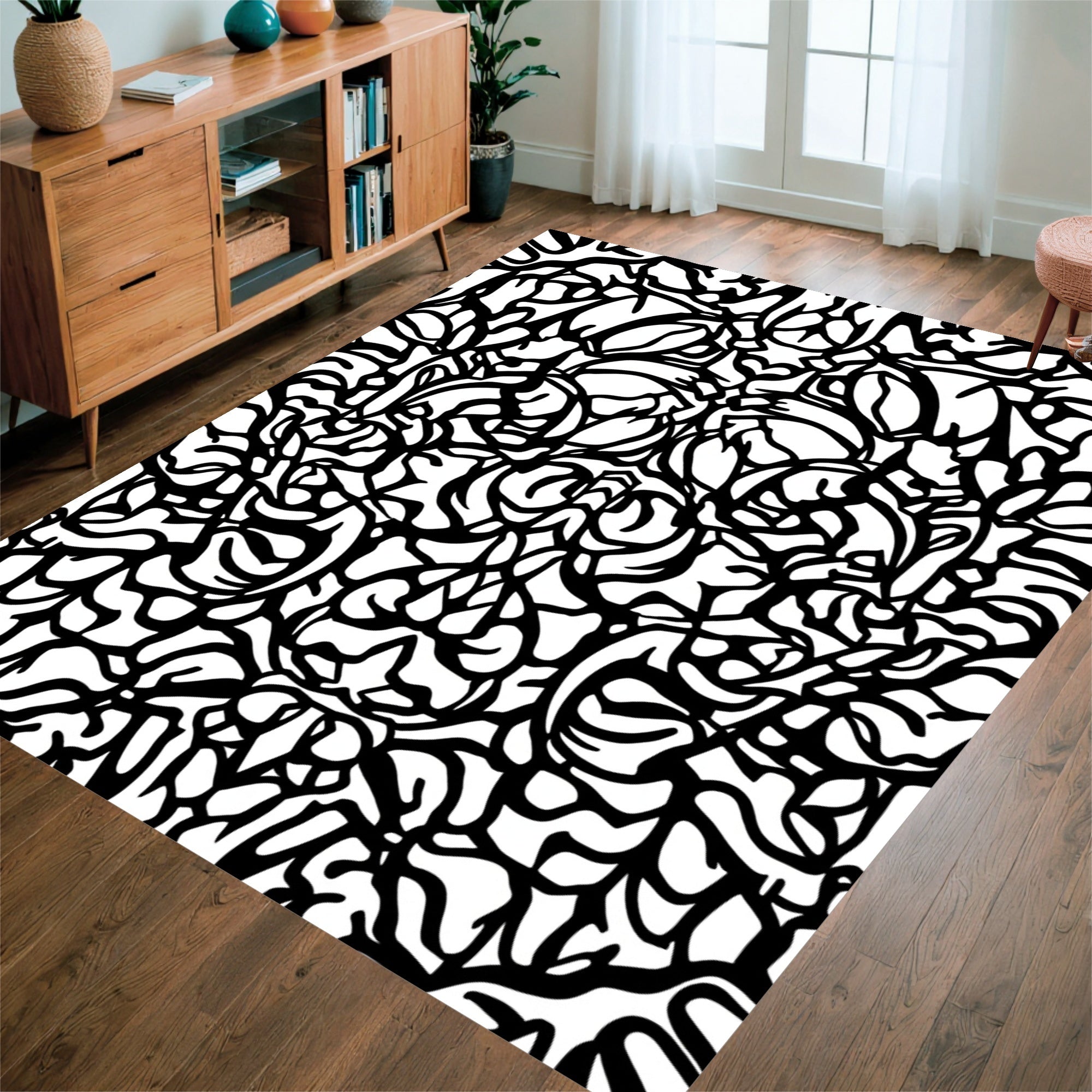 Intricate Black White Intertwined Pattern Rug