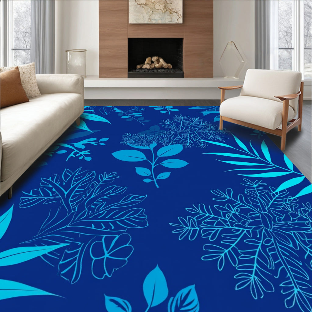 Cool Blue Tropical Leaf Pattern Rug
