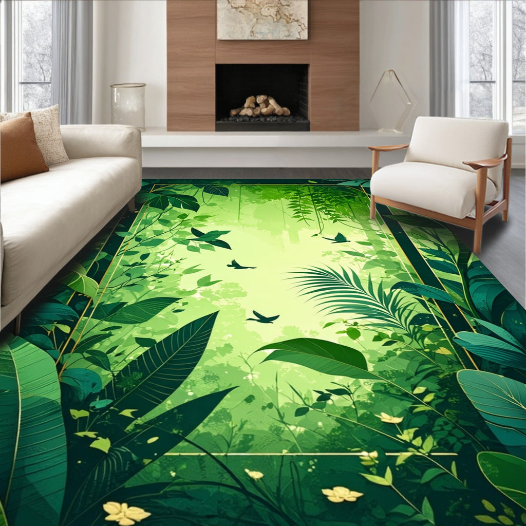 Lush Green Jungle Birds Art Rug