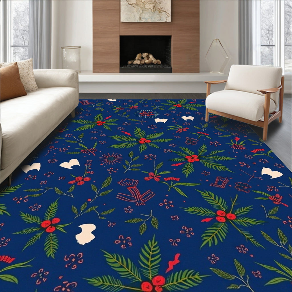 Festive Holly Berry Floral Pattern Rug