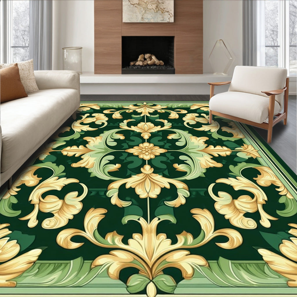 Emerald Green Gold Floral Scroll Rug