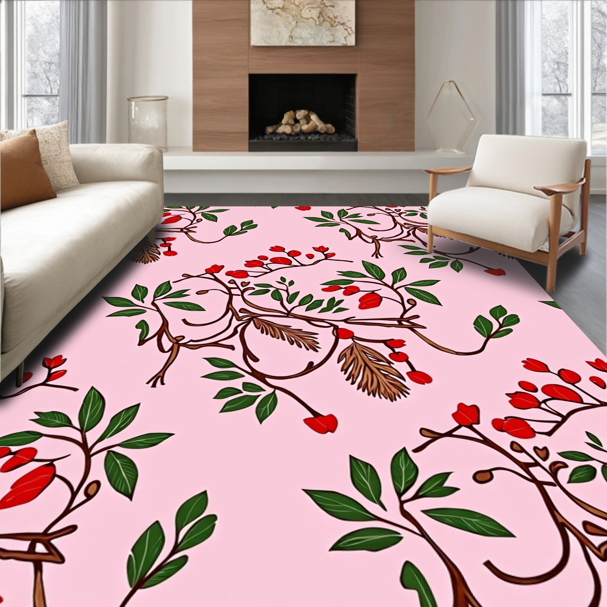 Pink Floral Berry Vine Rug