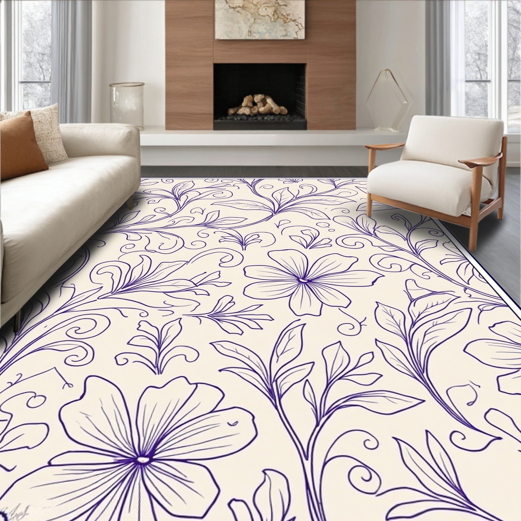 Floral Vine Outline Cream Rug