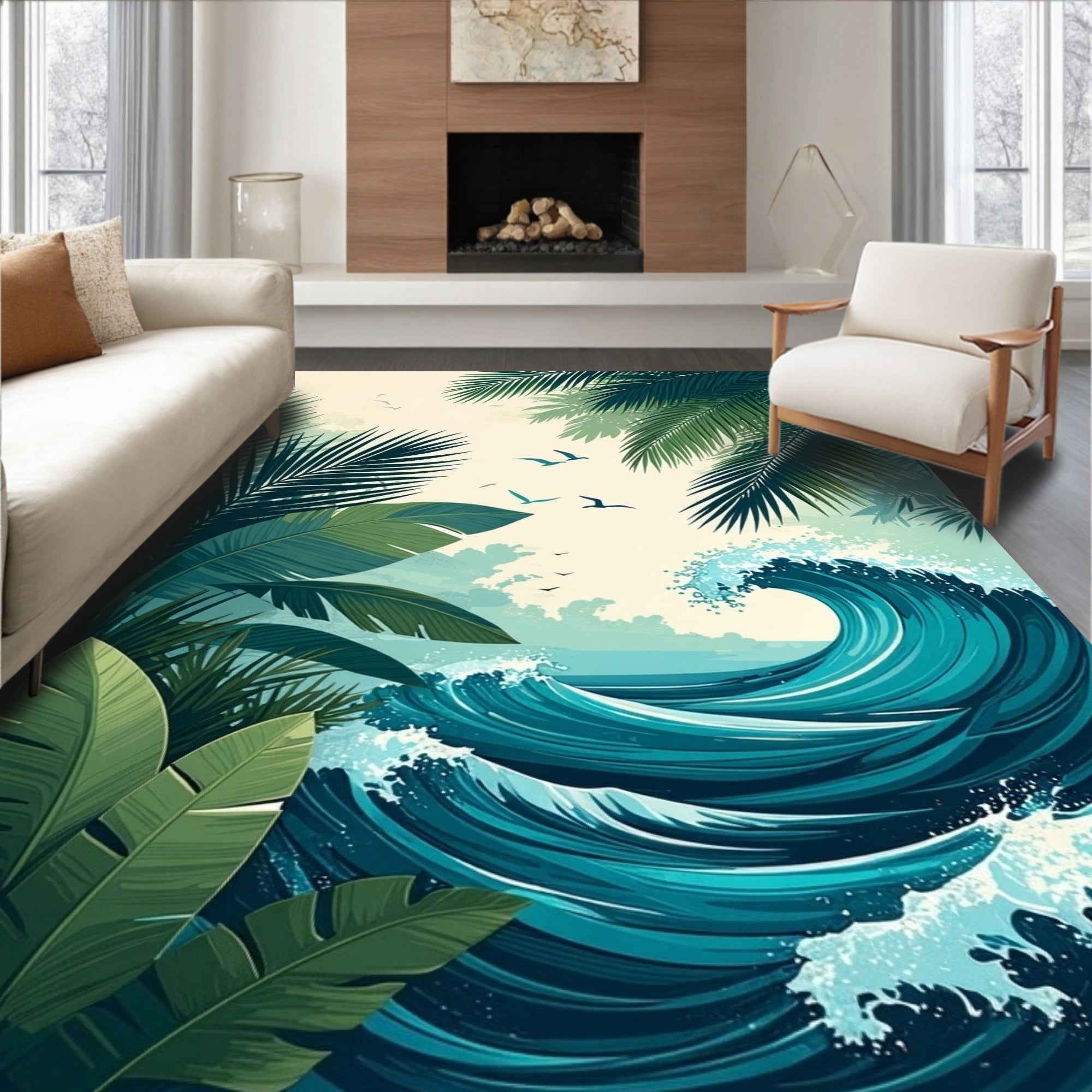 Tropical Jungle Wave Birds Pattern Rug