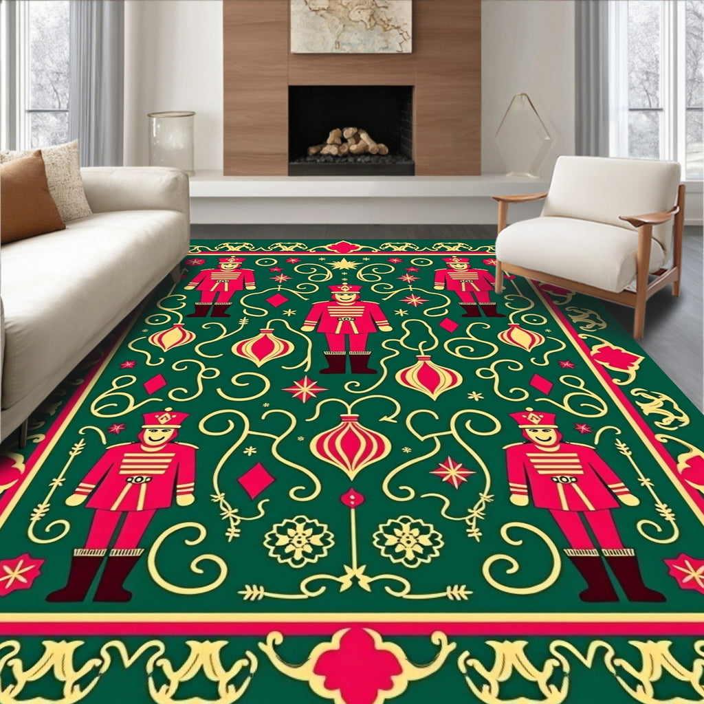 Festive Red Nutcracker Green Ornament Rug