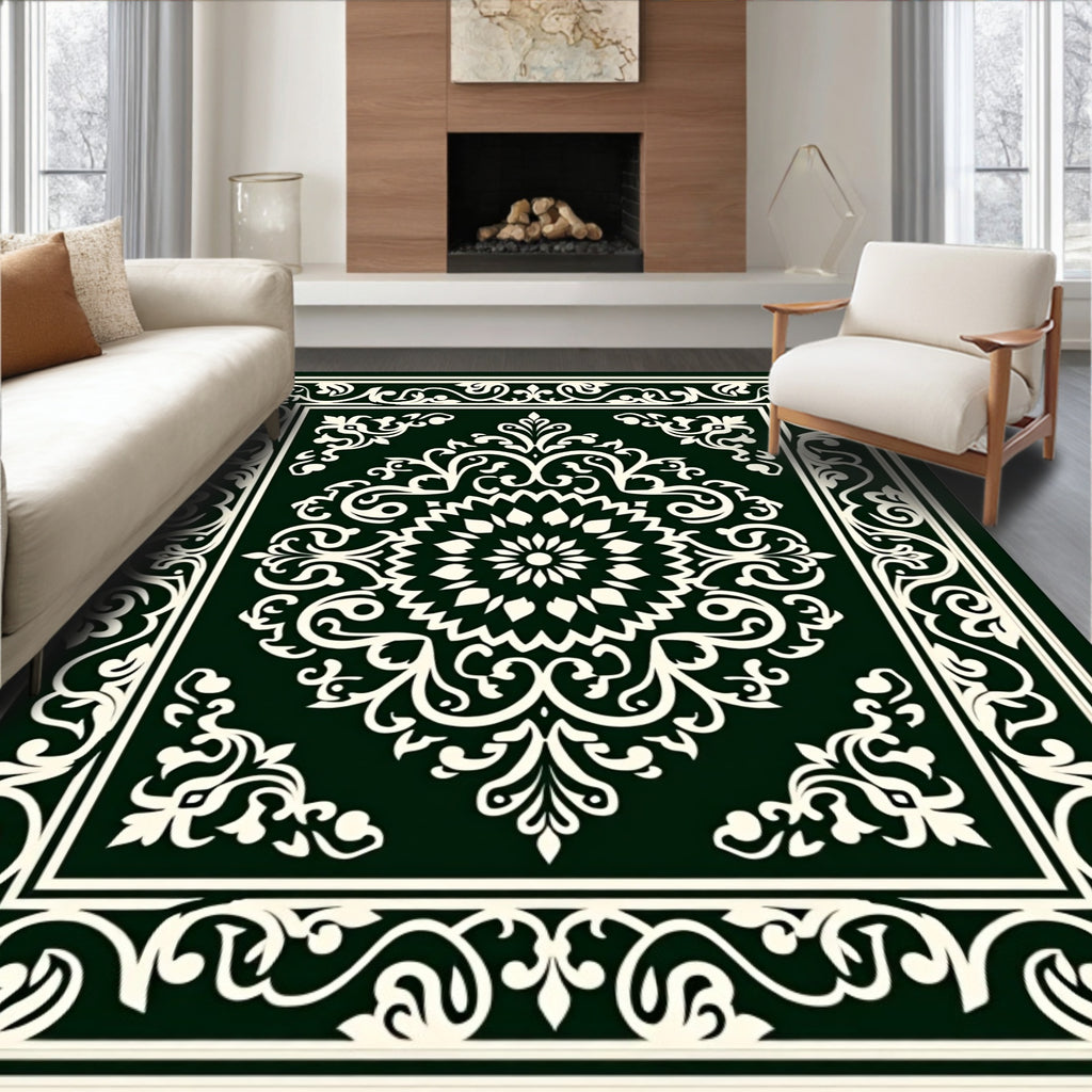 Dark Green Ivory Floral Medallion Border Rug