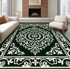 Dark Green Ivory Floral Medallion Border Rug