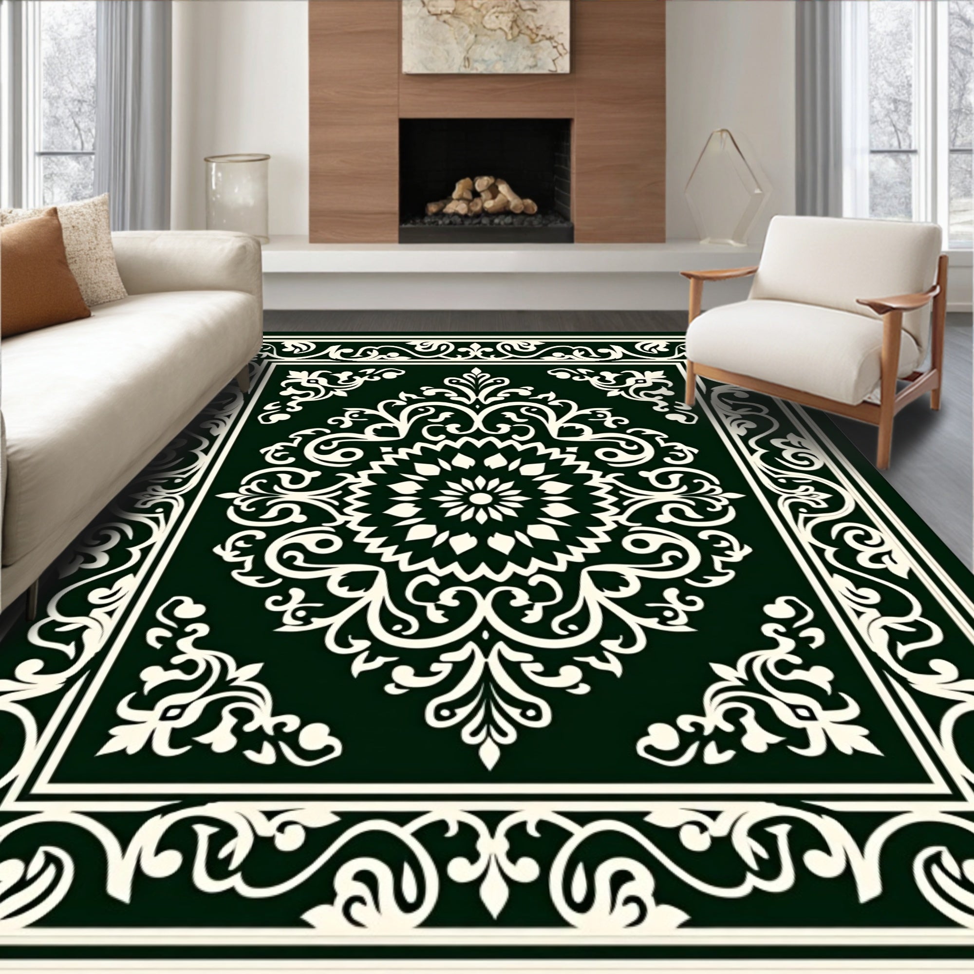 Dark Green Ivory Floral Medallion Border Rug