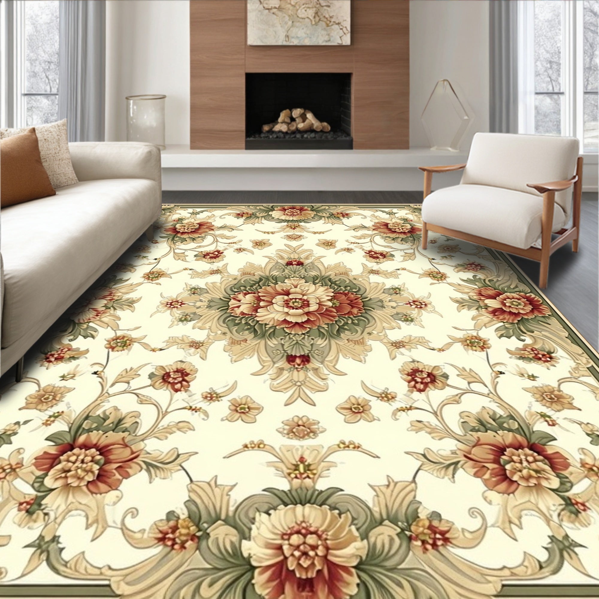 Elegant Floral Scrollwork Cream Rug