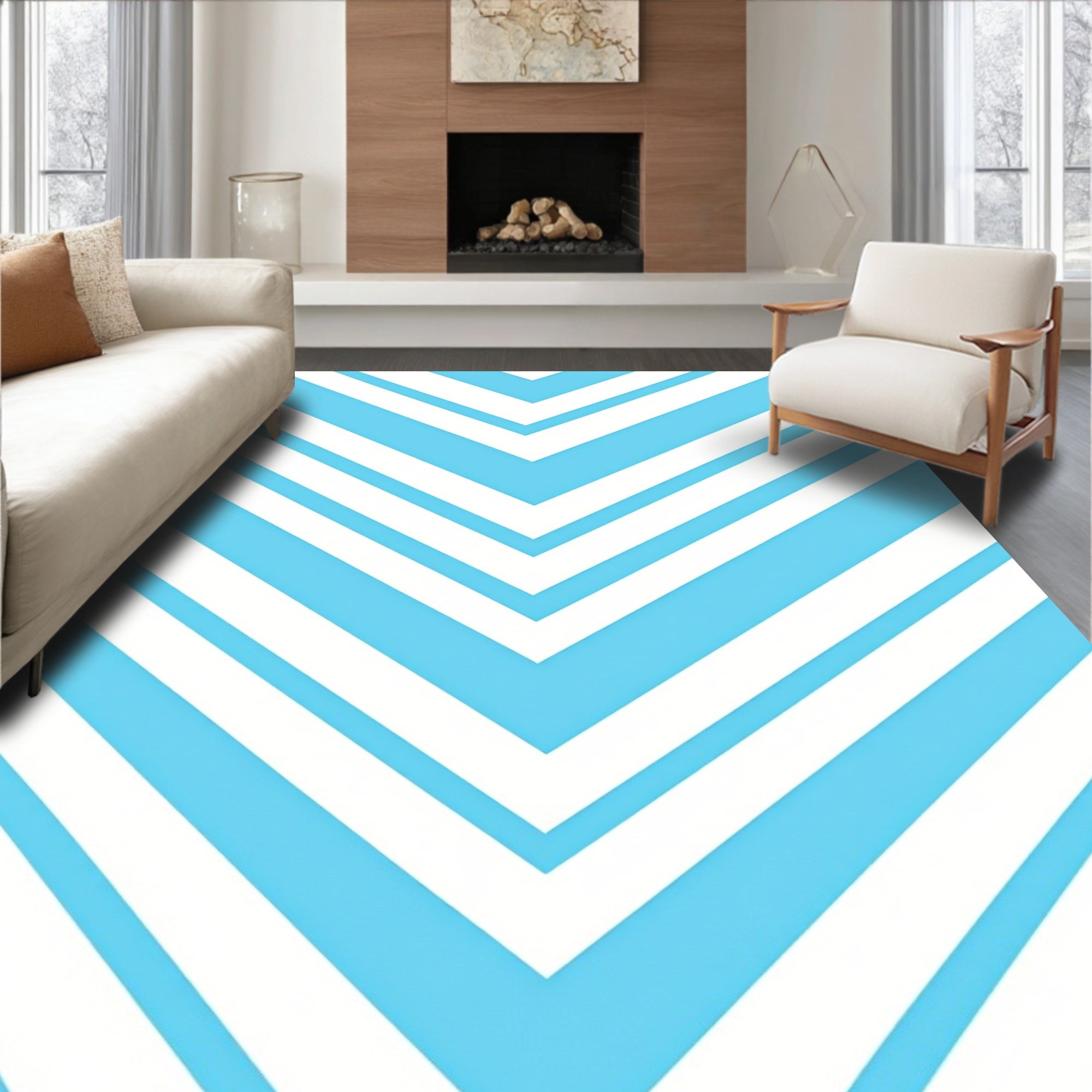 Bright Blue White Chevron Stripes Rug