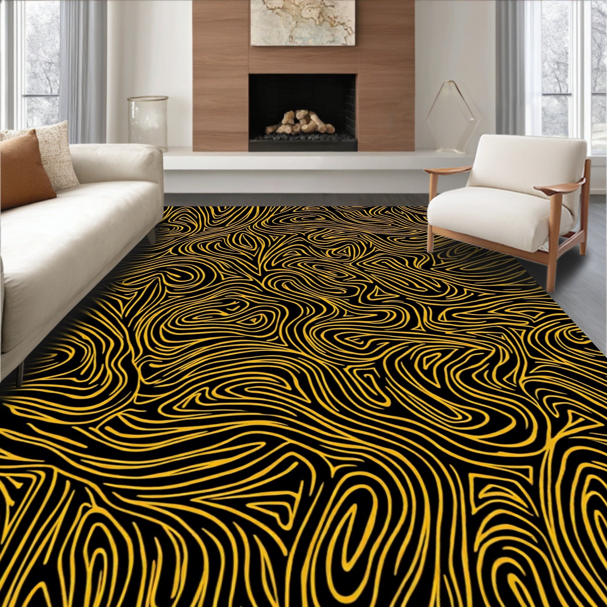 Abstract Swirls Golden Stripe Pattern Rug