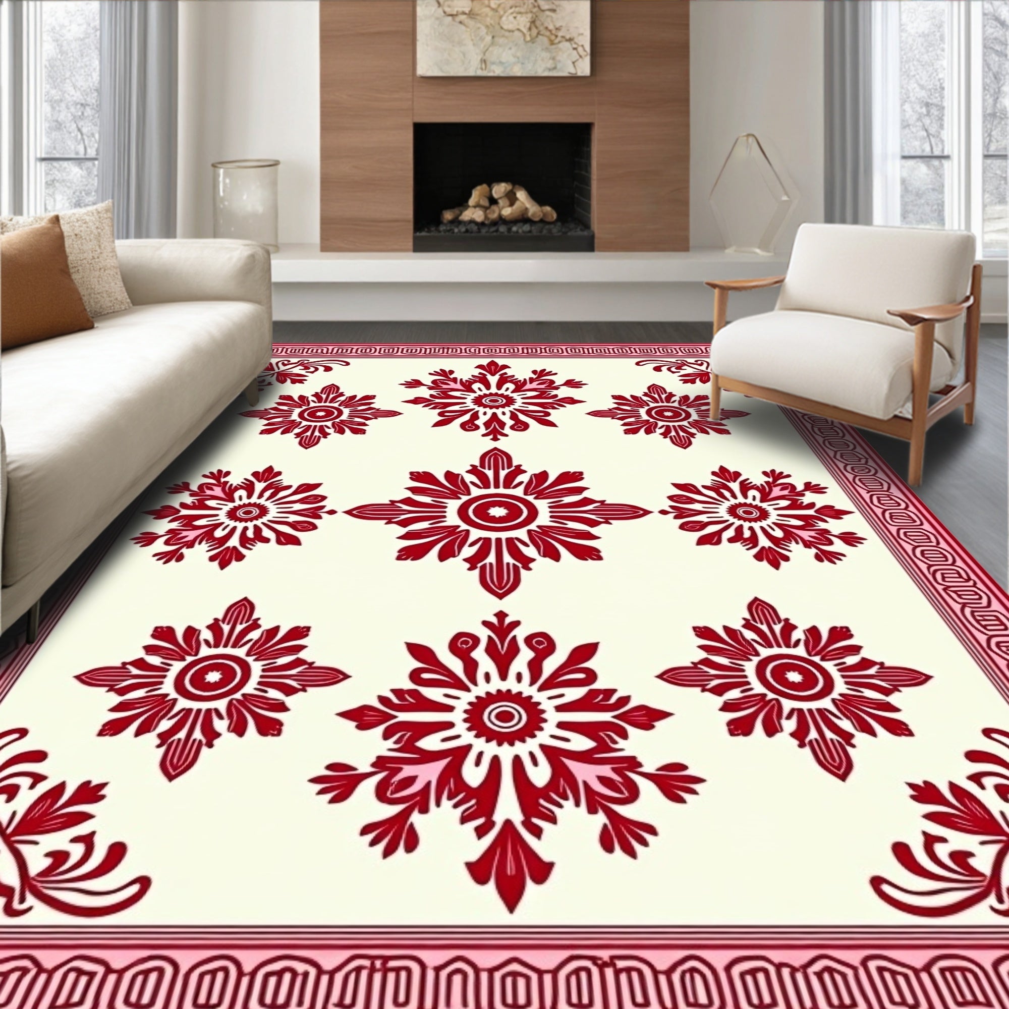Classic Red Blossom Detailed Pattern Rug