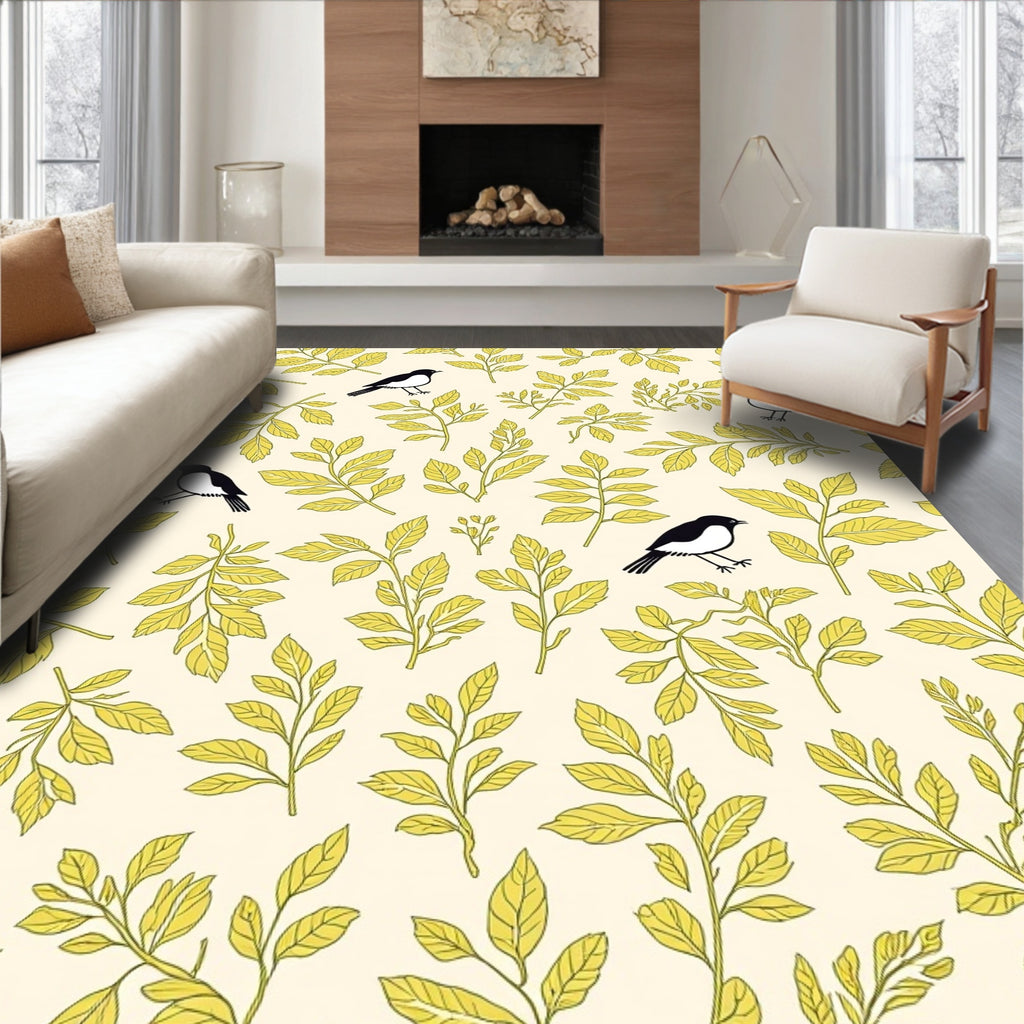 Whimsical Black Bird Yellow Leaf Pattern Rug