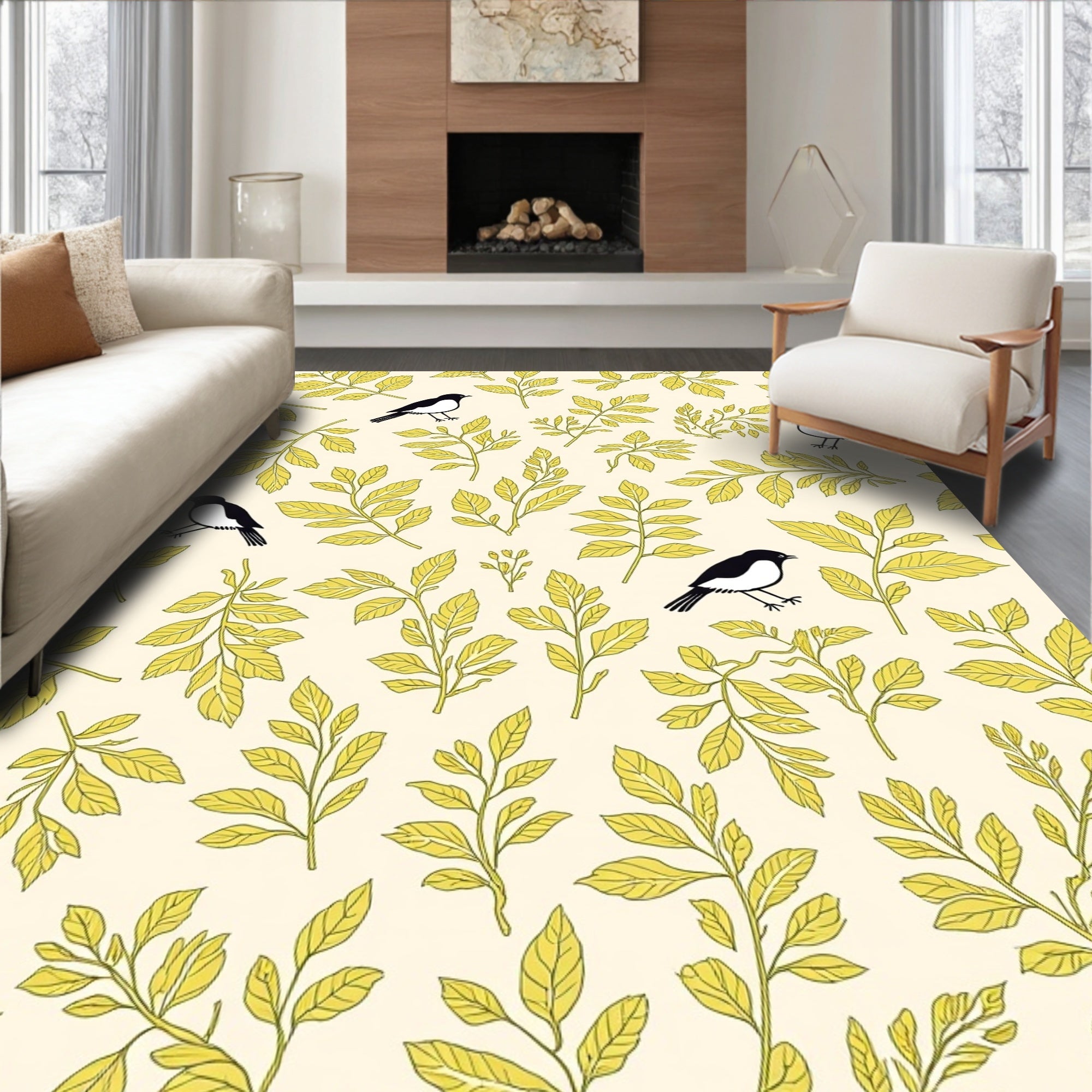 Whimsical Black Bird Yellow Leaf Pattern Rug