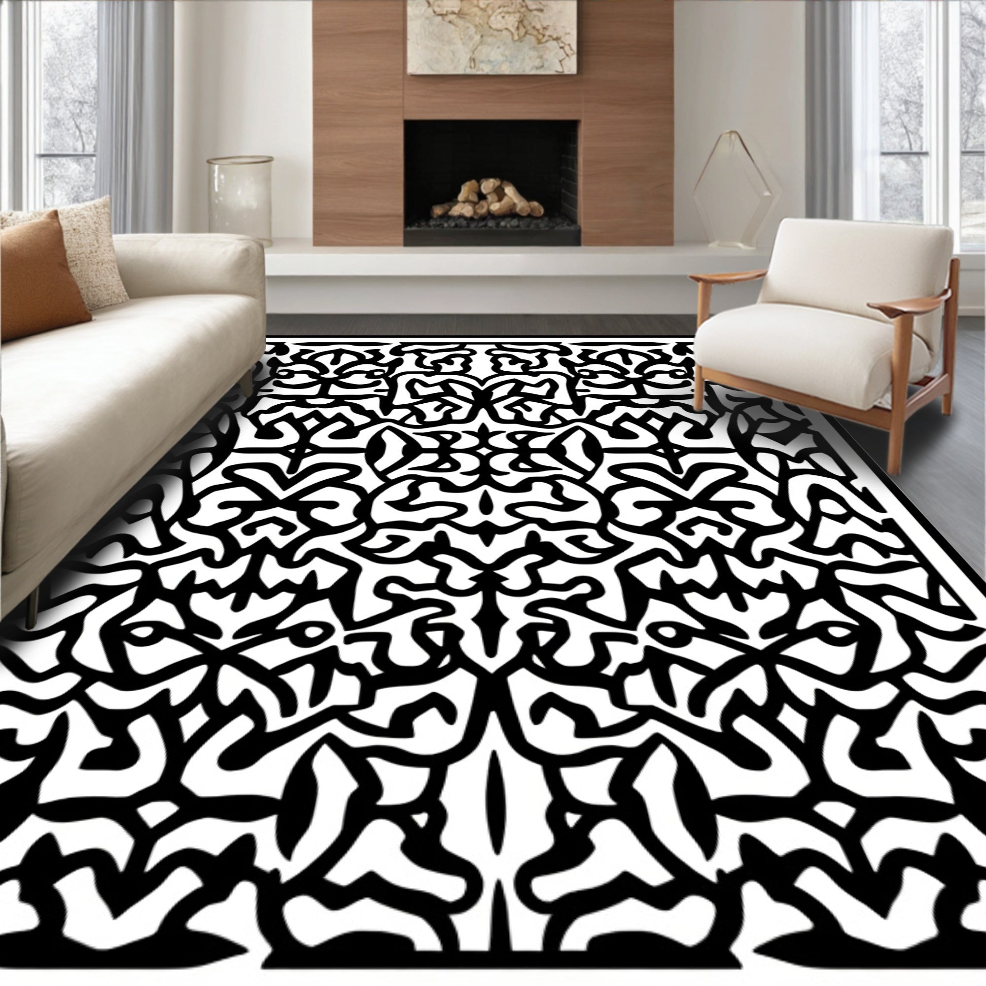 Intricate Black White Organic Pattern Rug