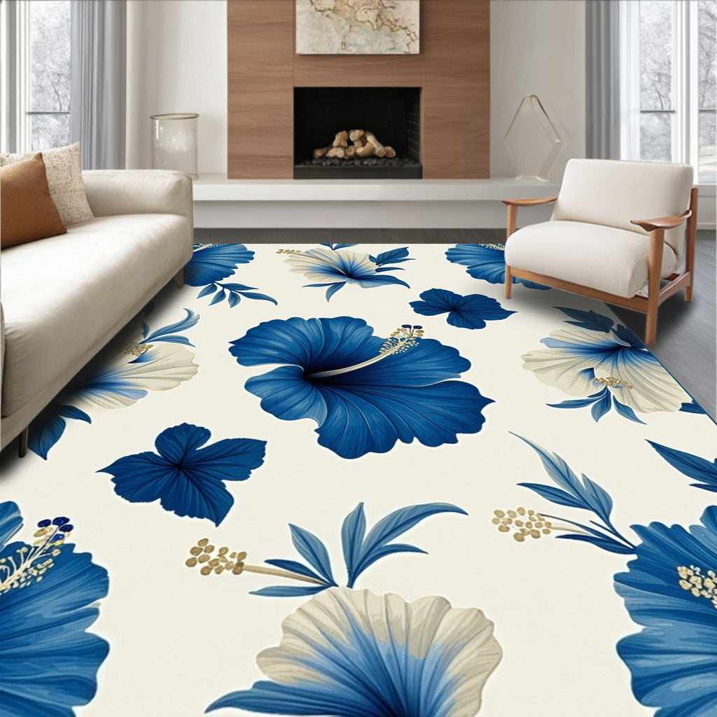 Blue Floral Hibiscus Pattern Rug