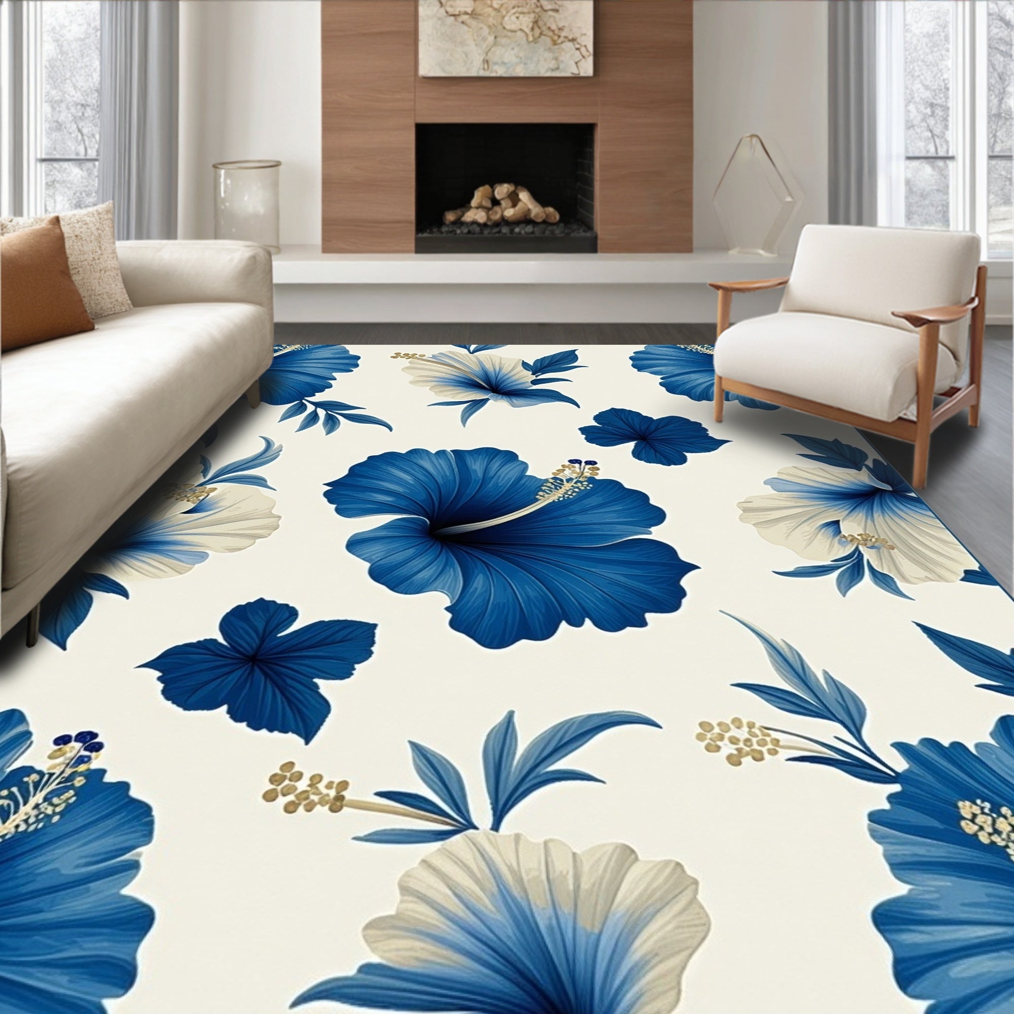 Blue Floral Hibiscus Pattern Rug