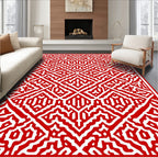 Bold Red White Geometric Maze Pattern Rug