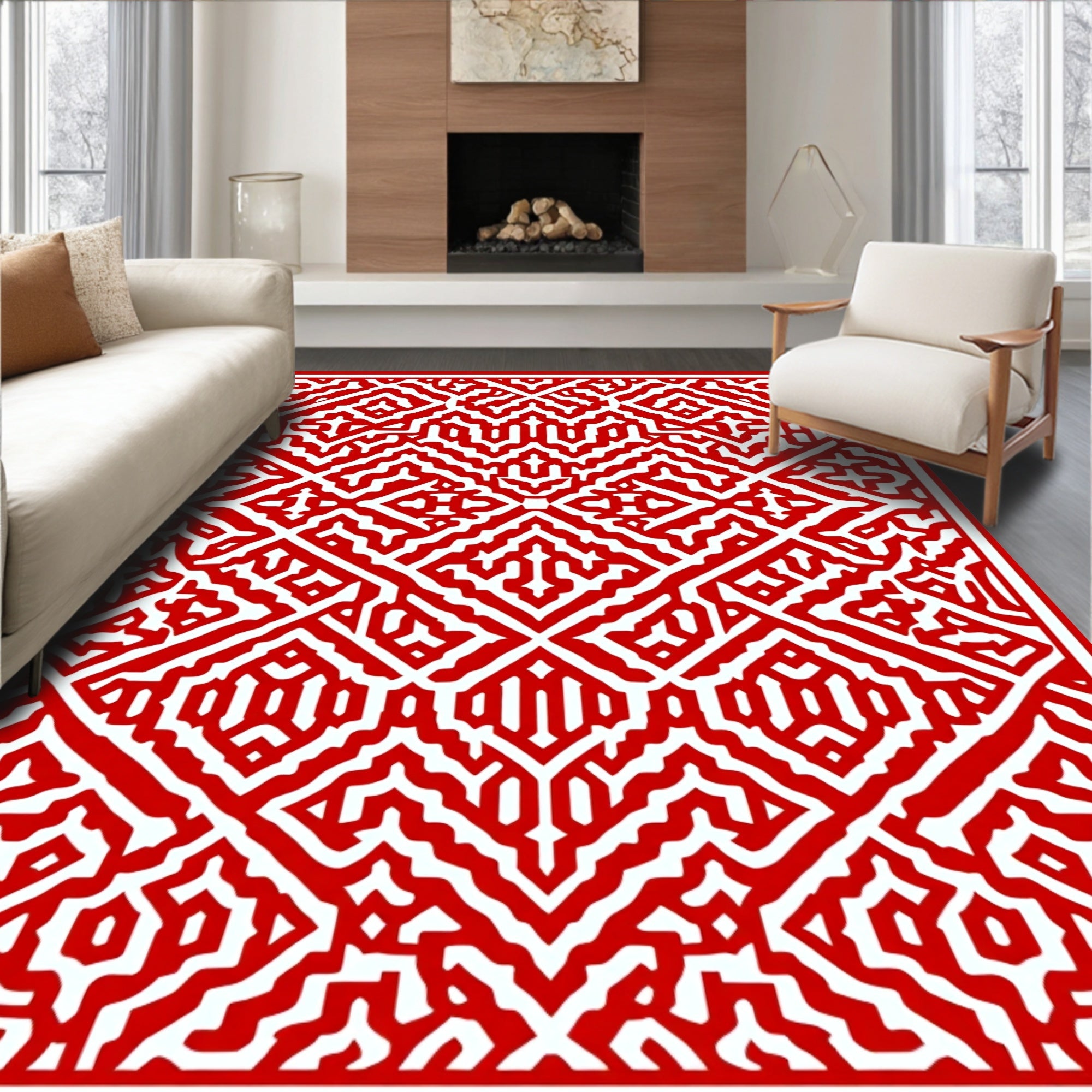 Bold Red White Geometric Maze Pattern Rug