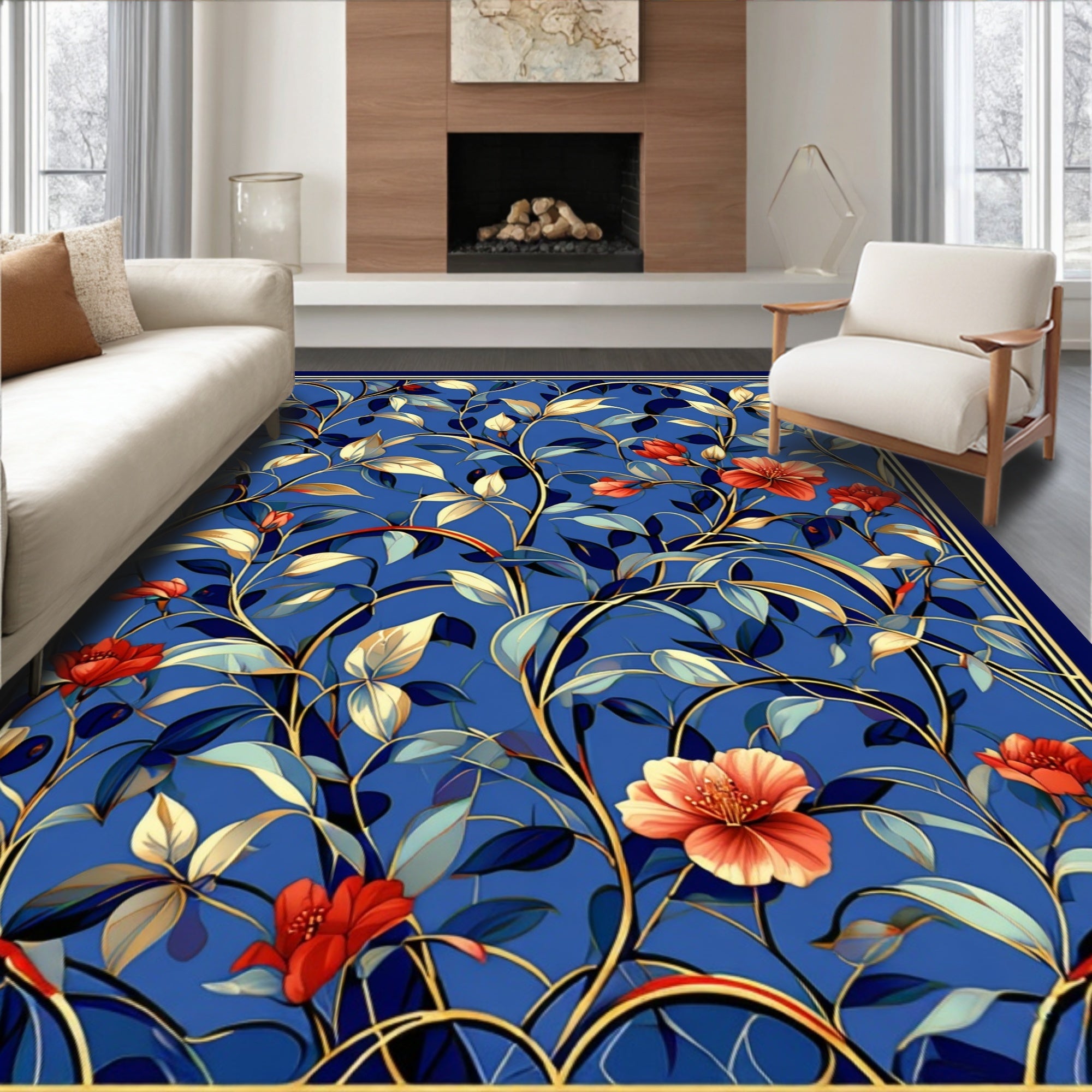 Classic Floral Blue Gold Design Rug